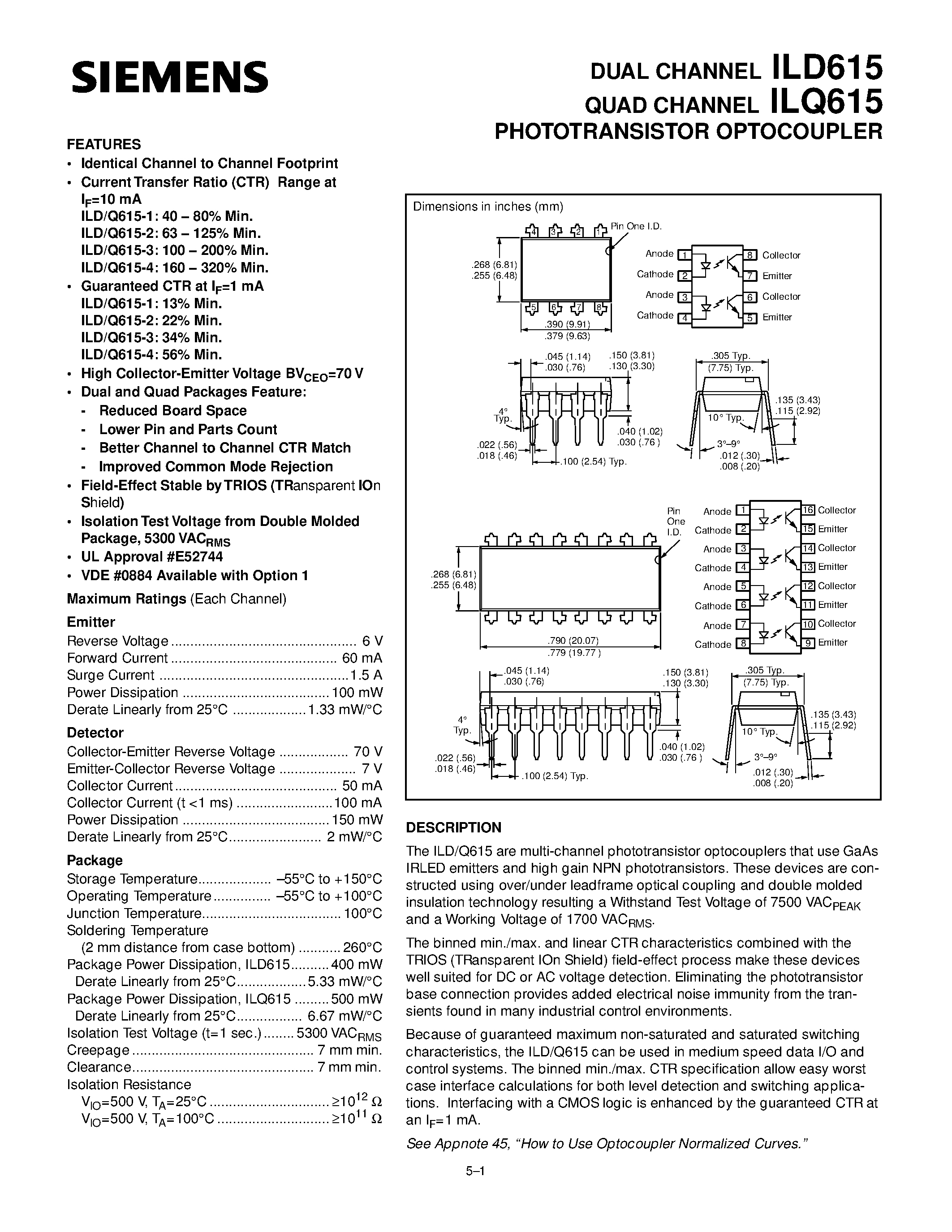 Даташит ILQ615-1 - PHOTOTRANSISTOR OPTOCOUPLER страница 1