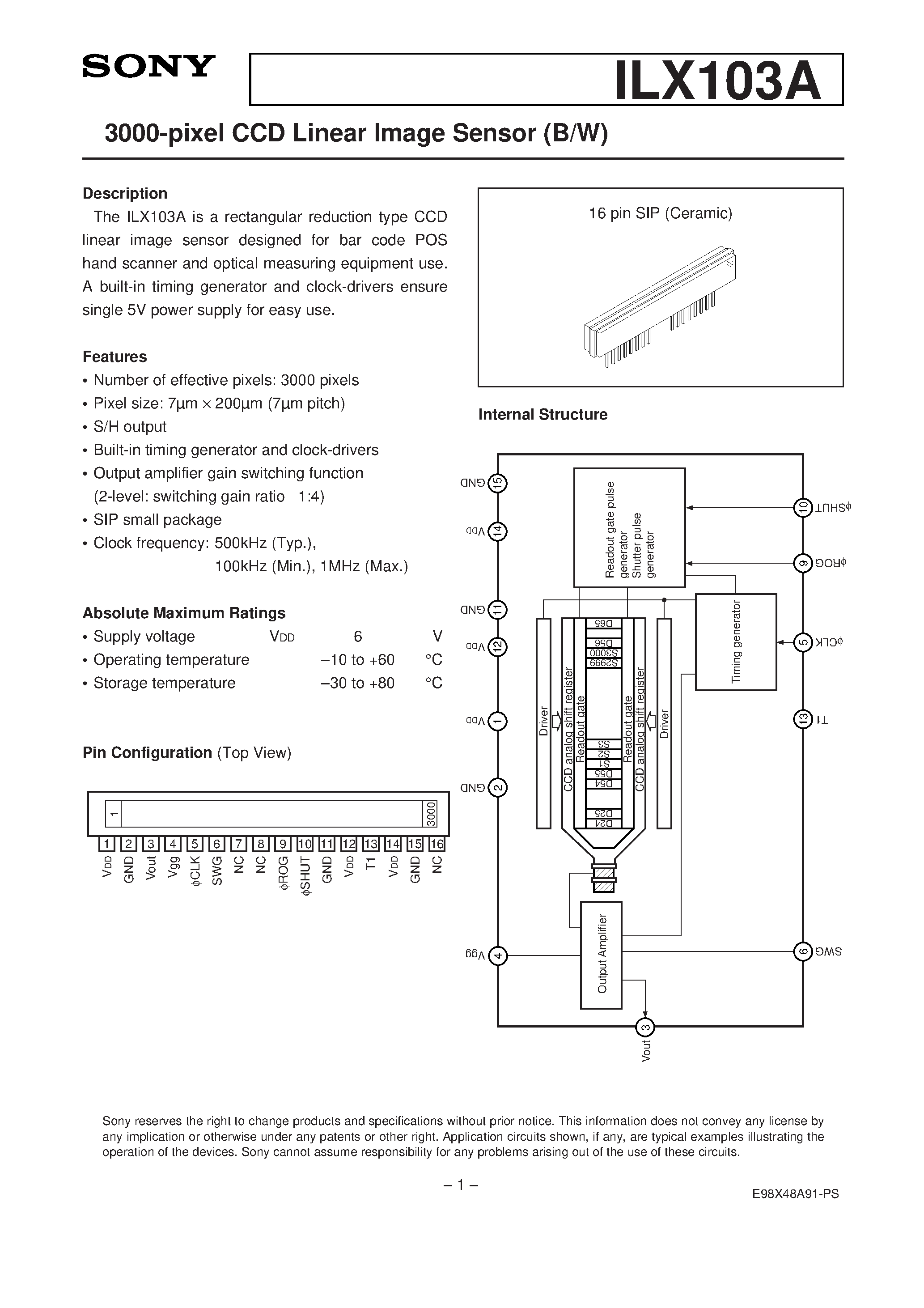 Даташит на микросхему ILX103A страница 1 Даташит ILX103A - 3000-pixel CCD Linear Image Sensor (B/W) страница 1