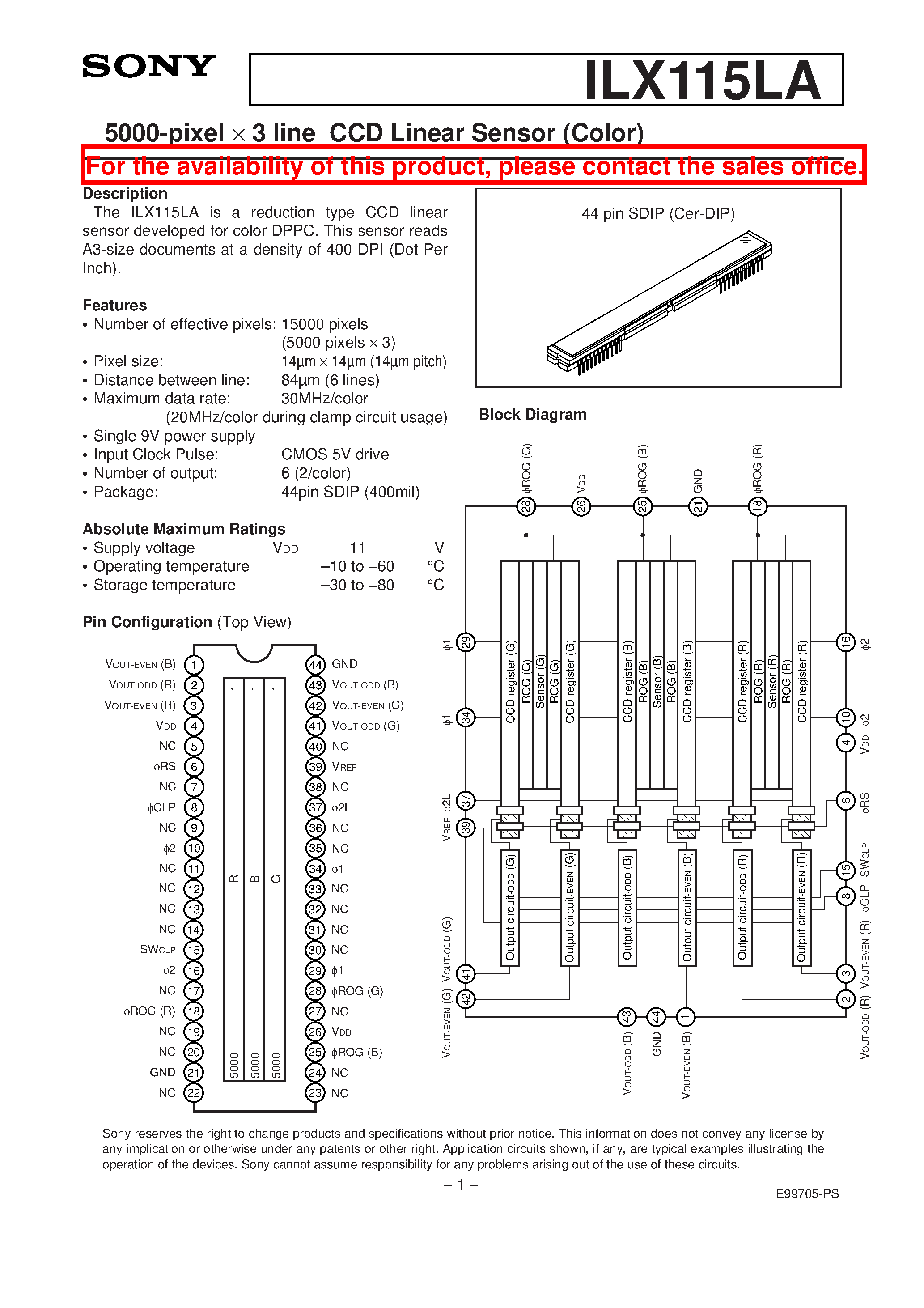 Datasheet ILX115LA - 5000-pixel X 3 line CCD Linear Sensor (Color) page 1