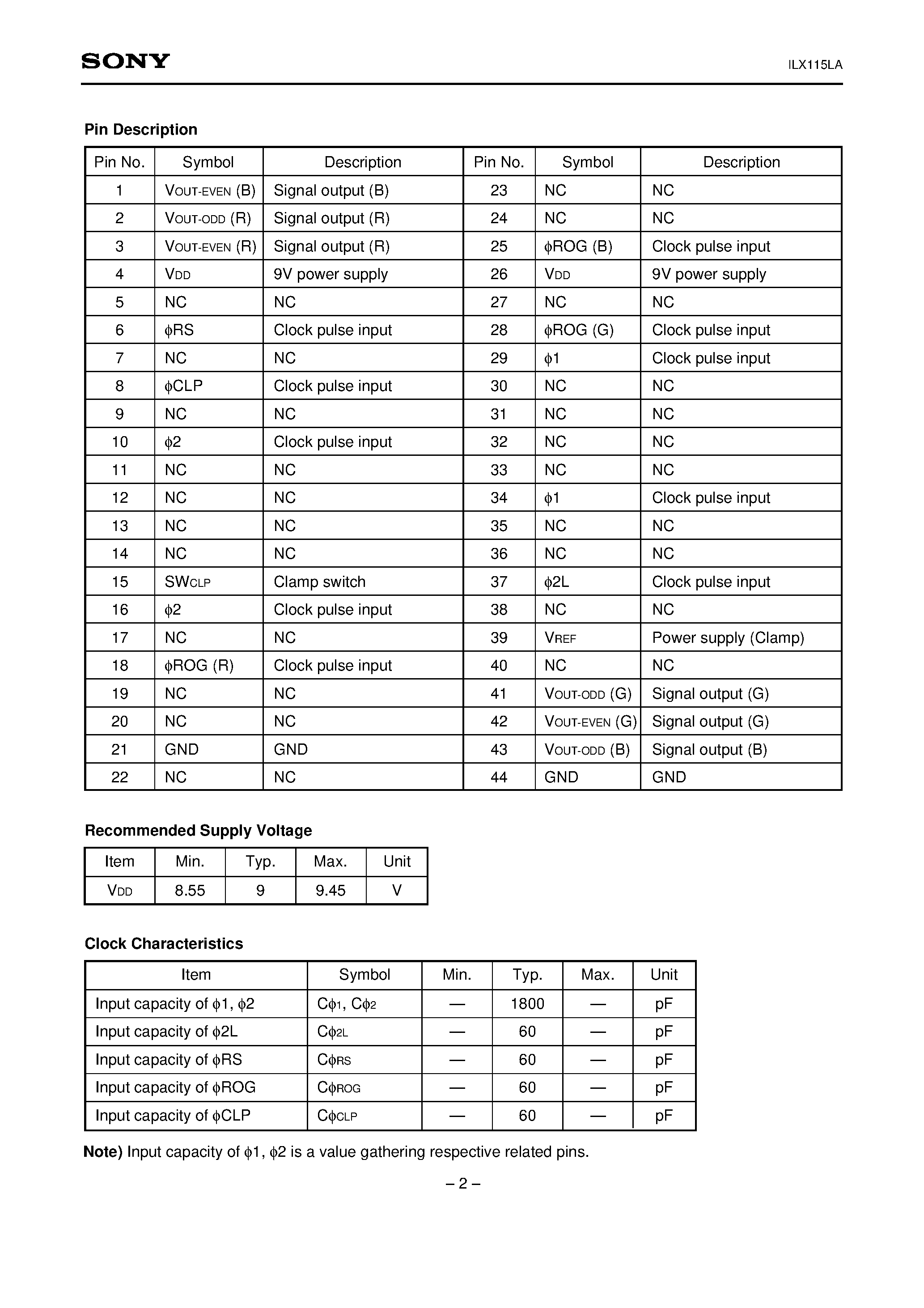 Datasheet ILX115LA - 5000-pixel X 3 line CCD Linear Sensor (Color) page 2