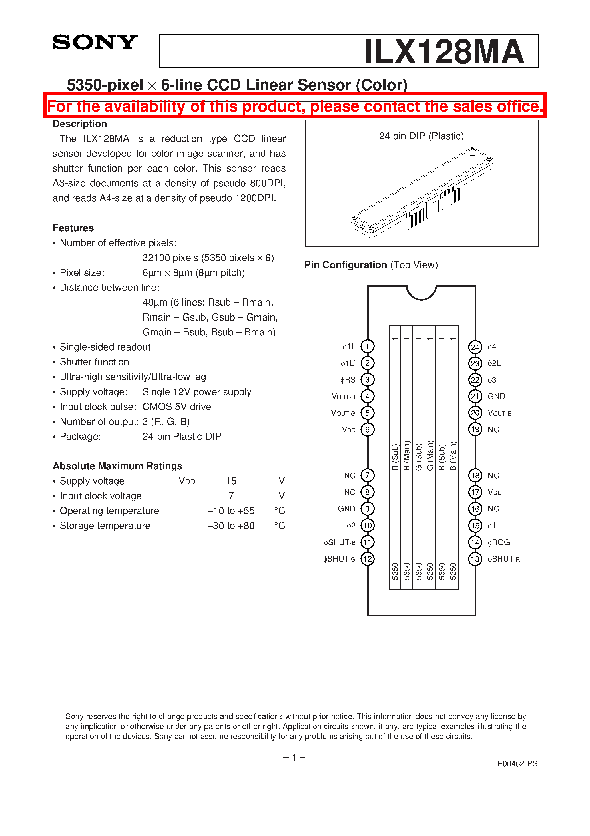 Datasheet ILX128MA - 5350-pixel X 6-line CCD Linear Sensor (Color) page 1