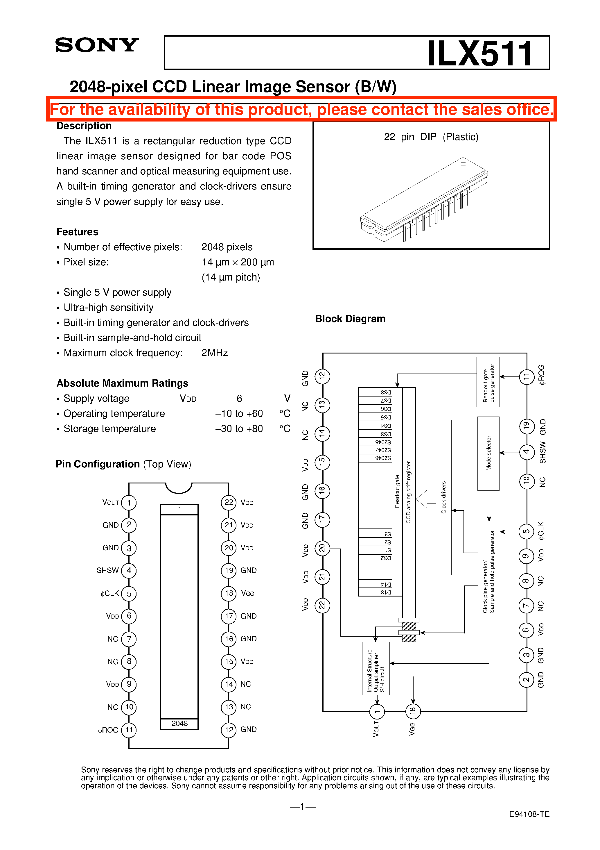 Даташит на микросхему ILX511 страница 1 Даташит ILX511 - 2048-pixel CCD Linear Image Sensor (B/W) страница 1