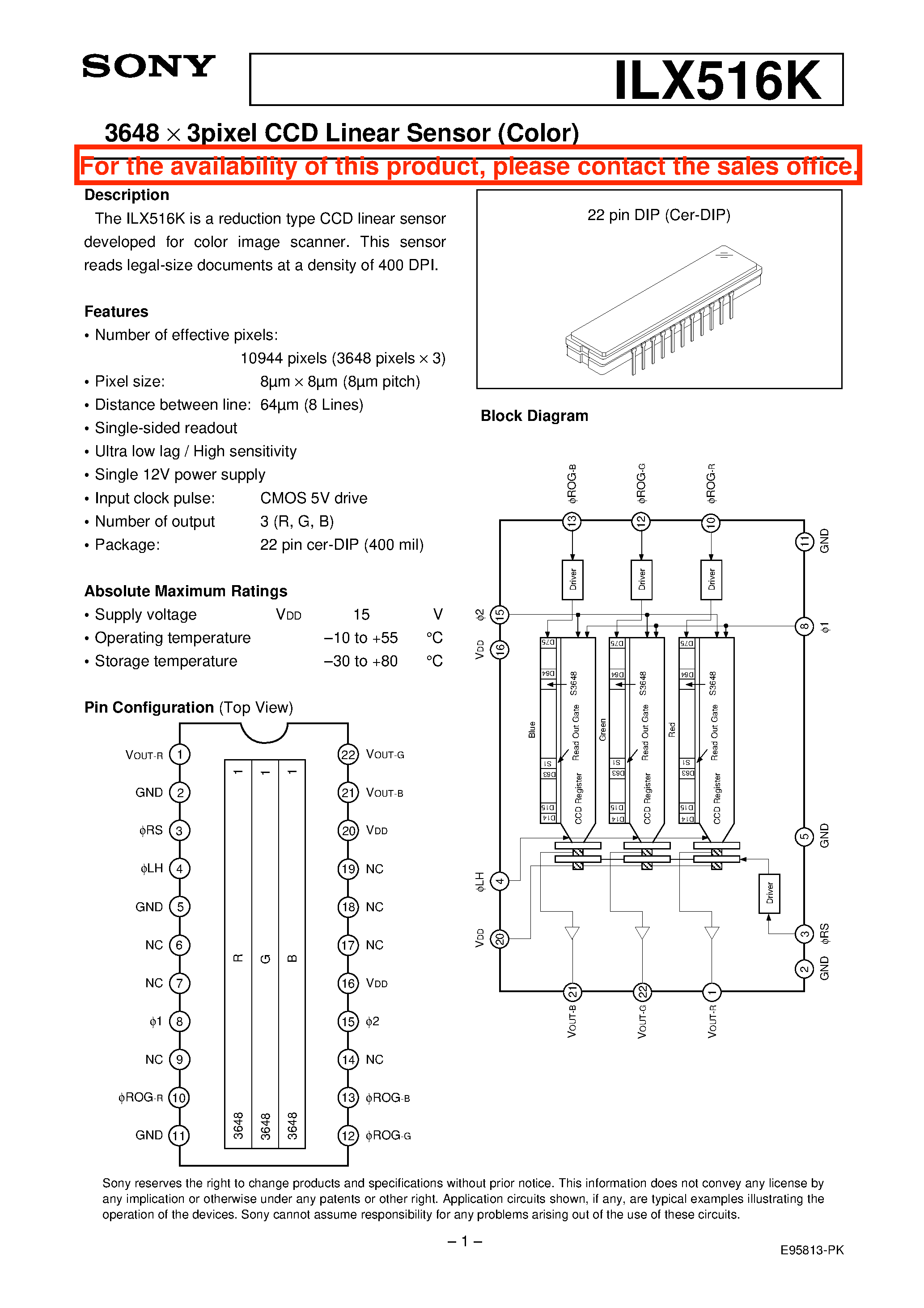 Datasheet ILX516K - 3648 X 3pixel CCD Linear Sensor (Color) page 1