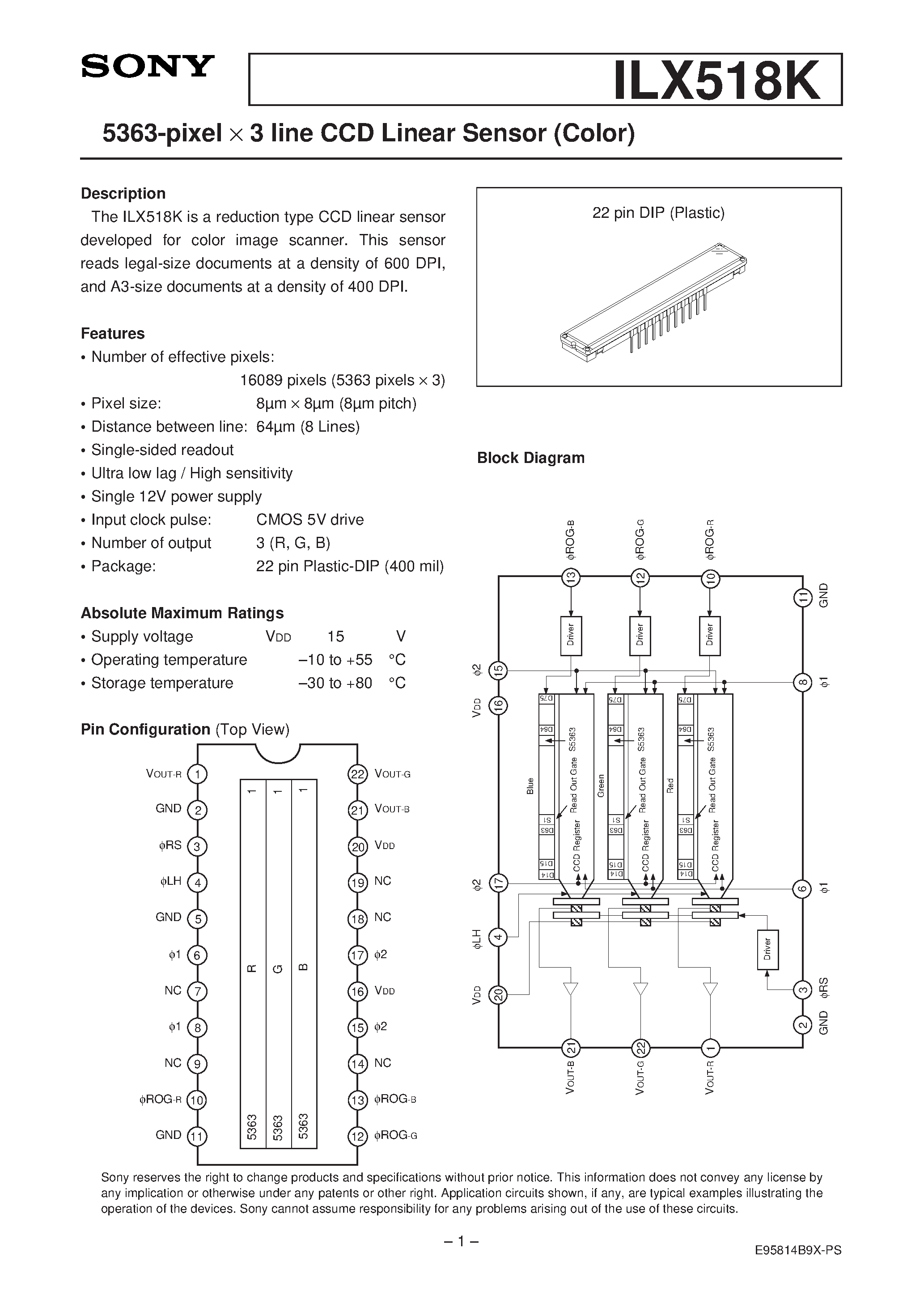Datasheet ILX518 - 5363-pixel X 3 line CCD Linear Sensor (Color) page 1