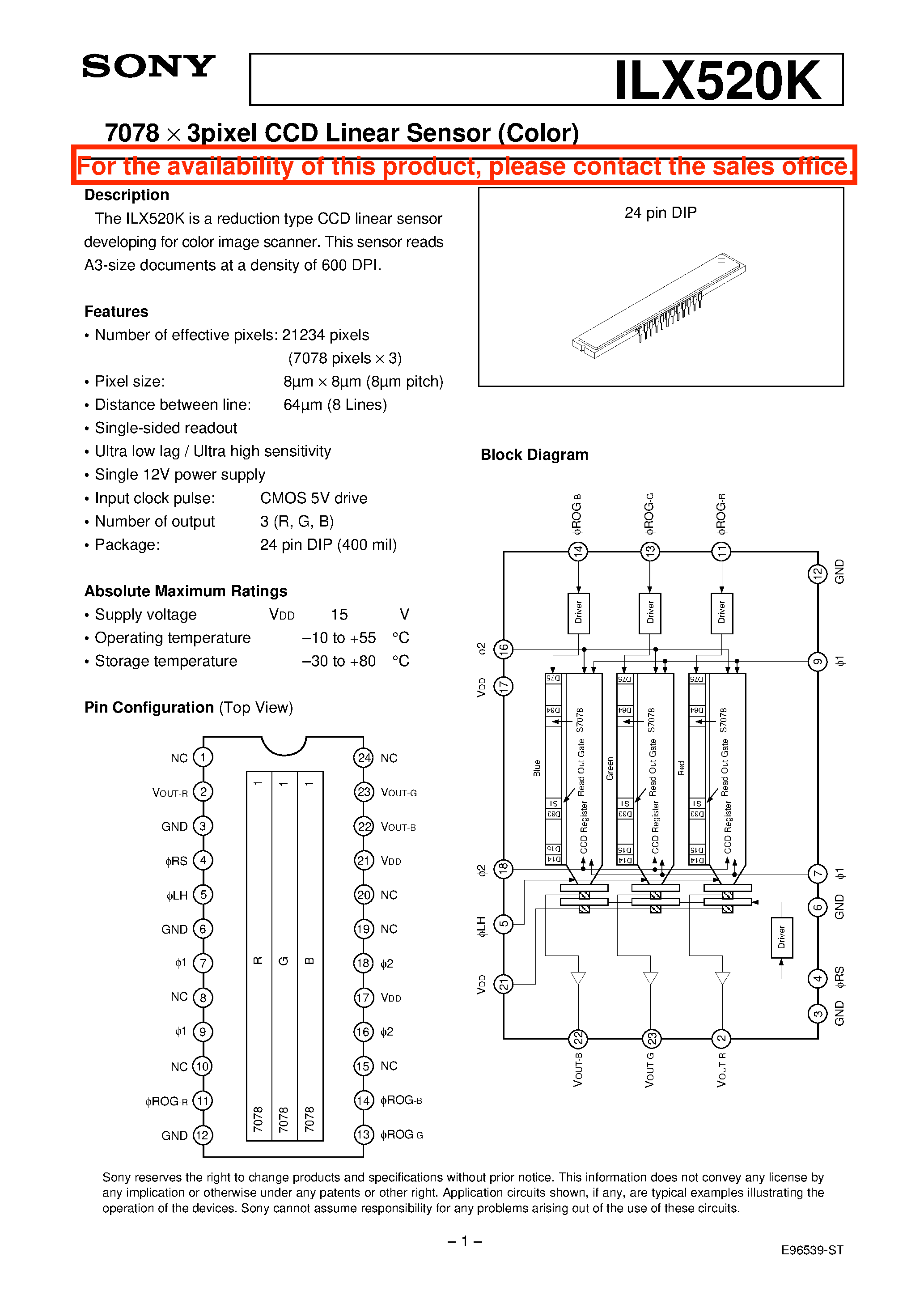 Datasheet ILX520K - 7078 X 3pixel CCD Linear Sensor (Color) page 1