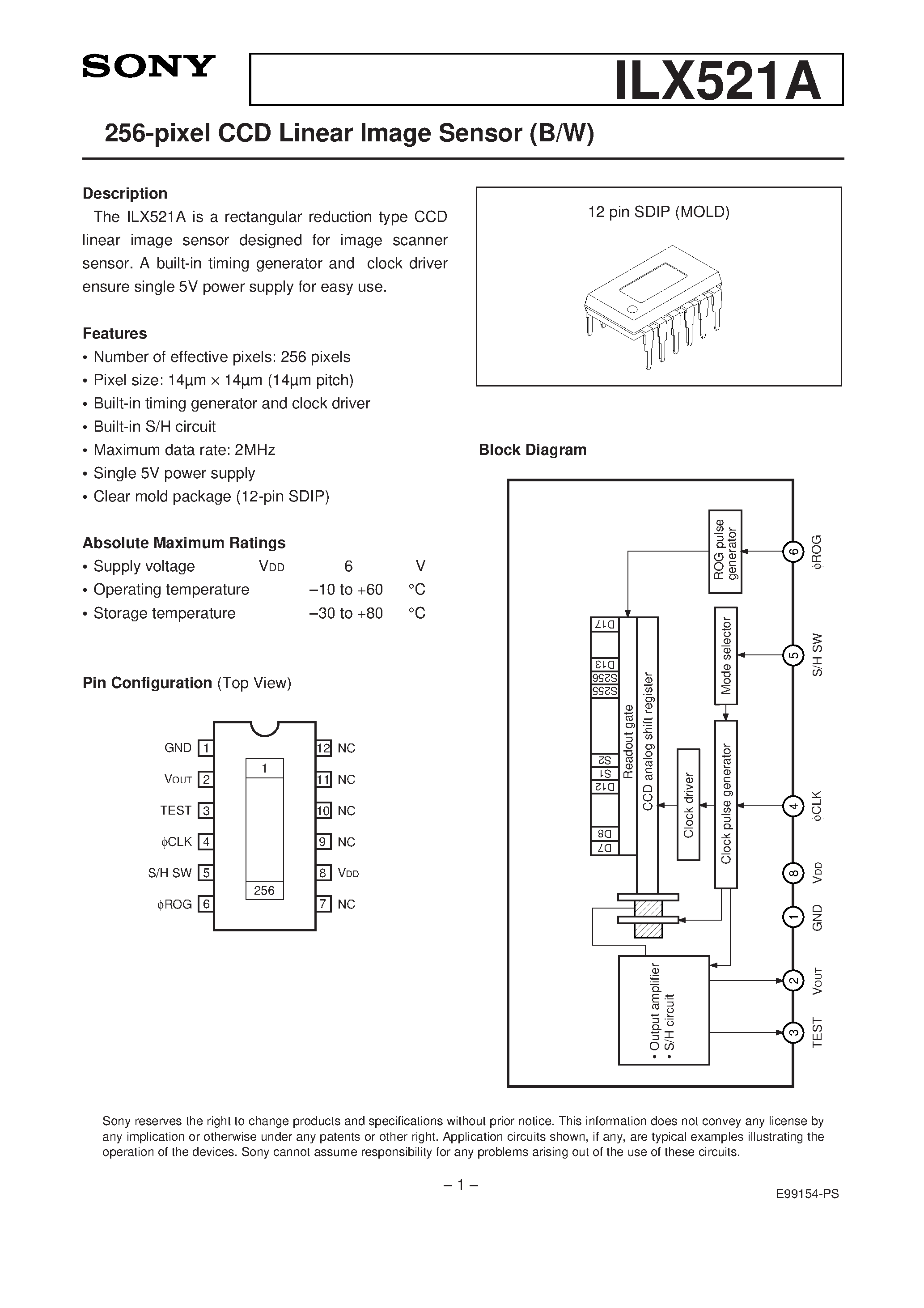 Даташит на микросхему ILX521A страница 1 Даташит ILX521A - 256-pixel CCD Linear Image Sensor (B/W) страница 1