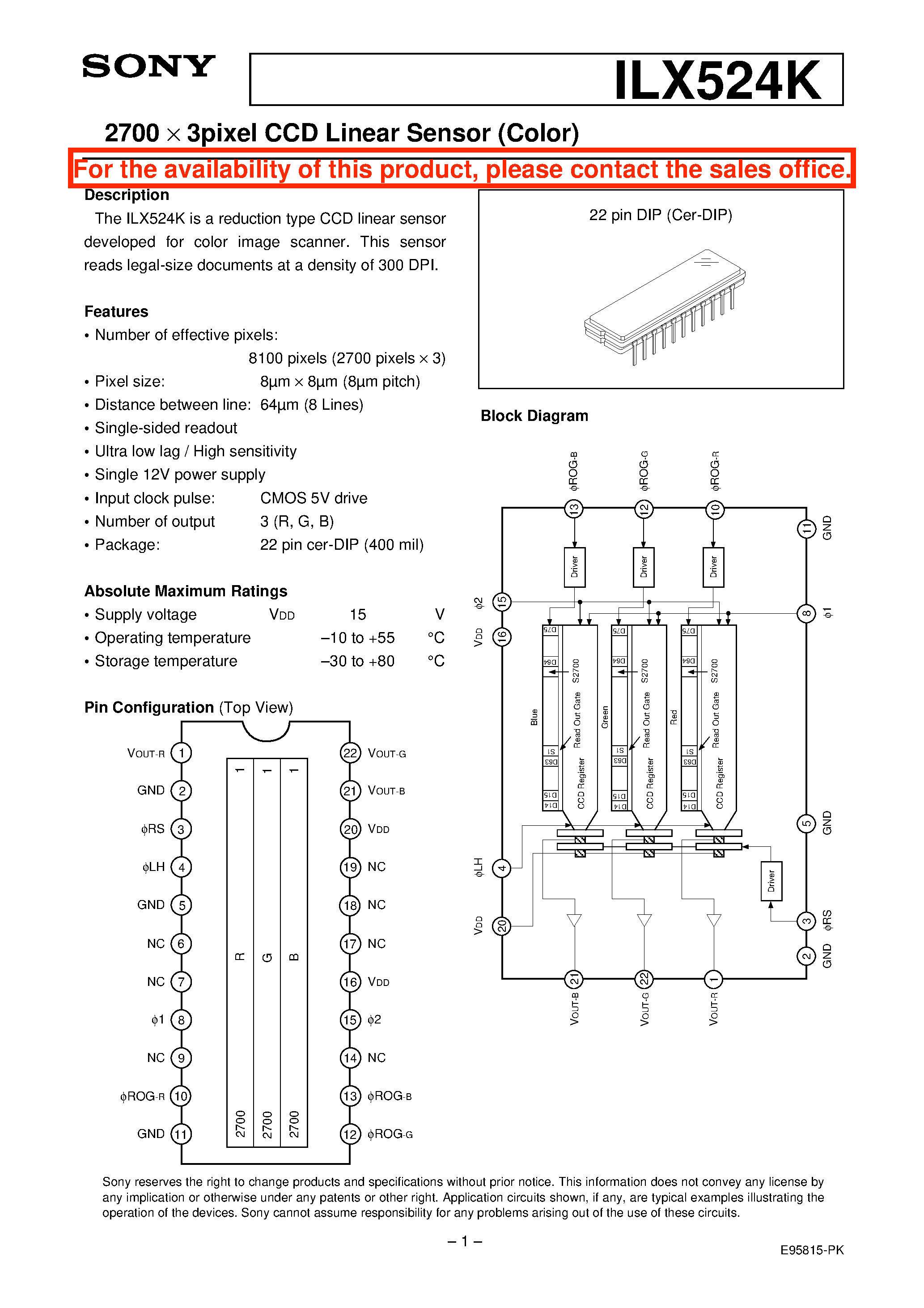 Datasheet ILX524 - 2700 pixel X 3 line CCD Linear Sensor (Color) page 1
