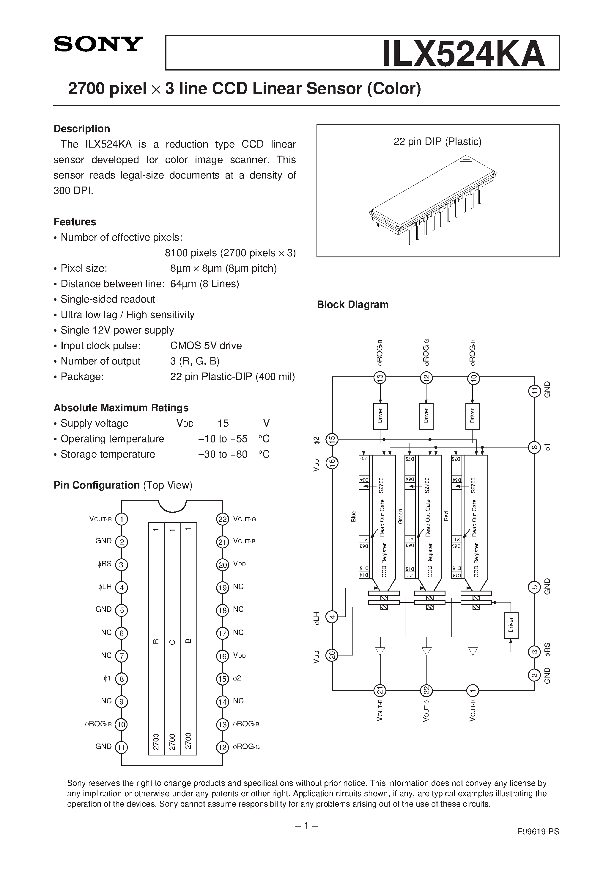 Datasheet ILX524KA - 2700 pixel X 3 line CCD Linear Sensor (Color) page 1
