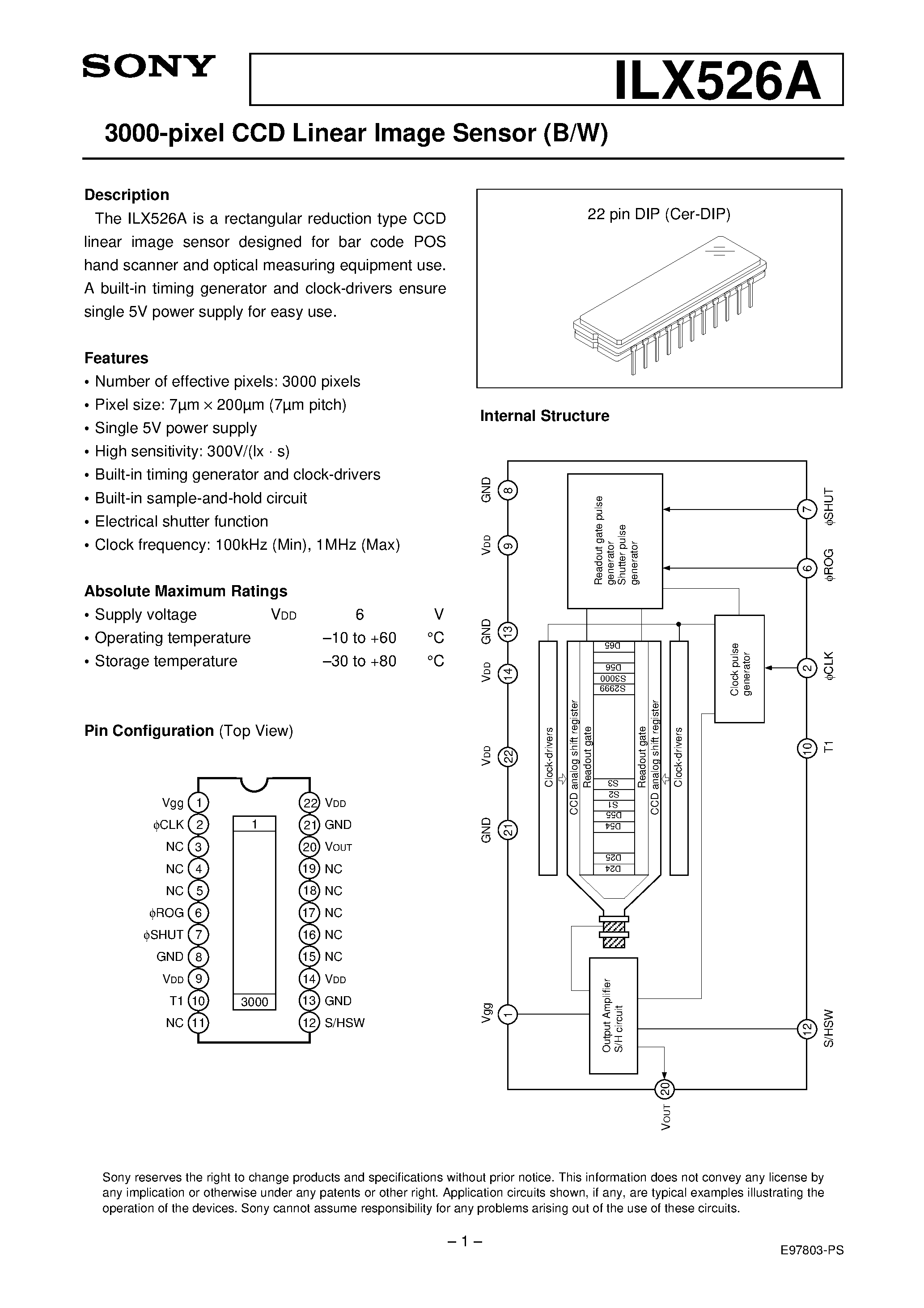 Даташит ILX526A - 3000-pixel CCD Linear Image Sensor (B/W) страница 1
