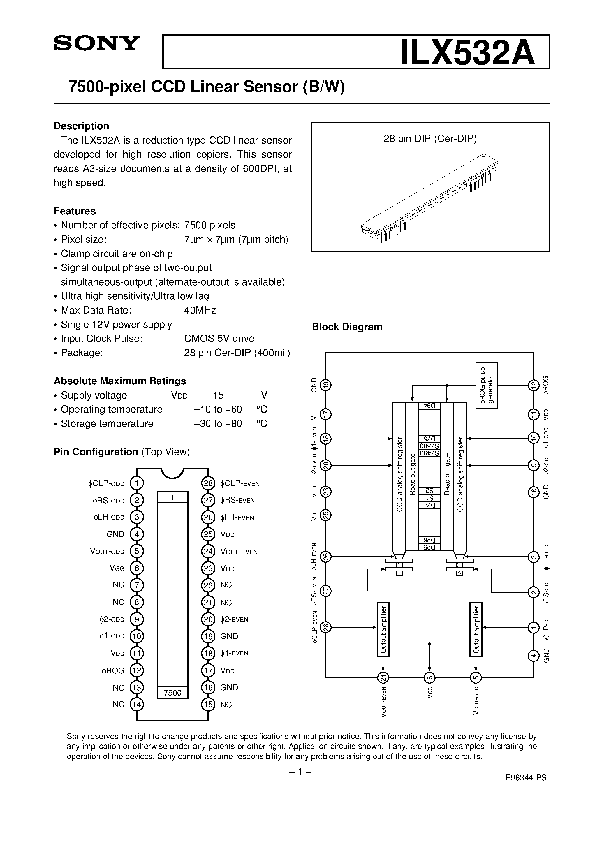 Даташит ILX532A - 7500-pixel CCD Linear Sensor (B/W) страница 1