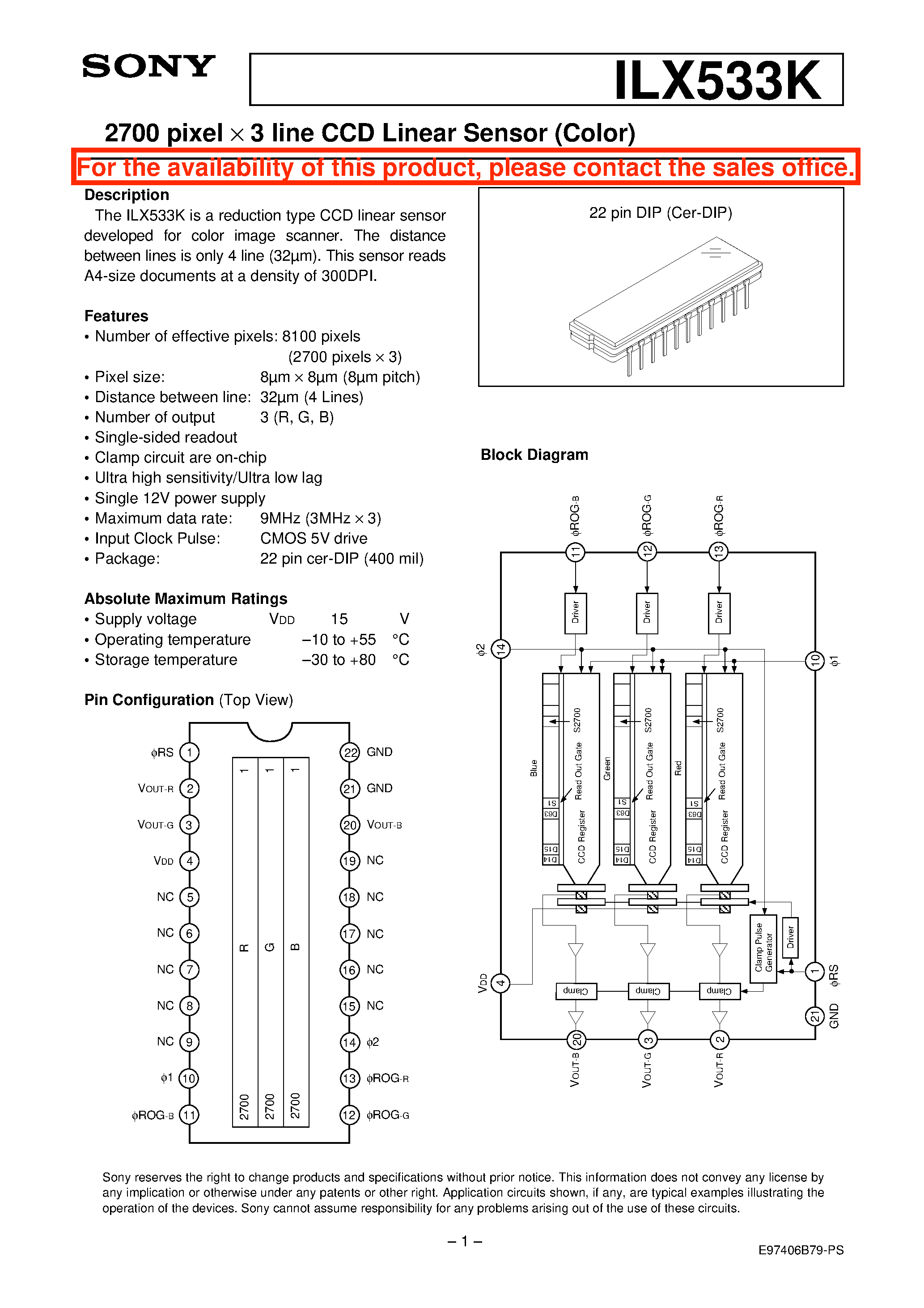 Datasheet ILX533K - 2700 pixel X 3 line CCD Linear Sensor (Color) page 1