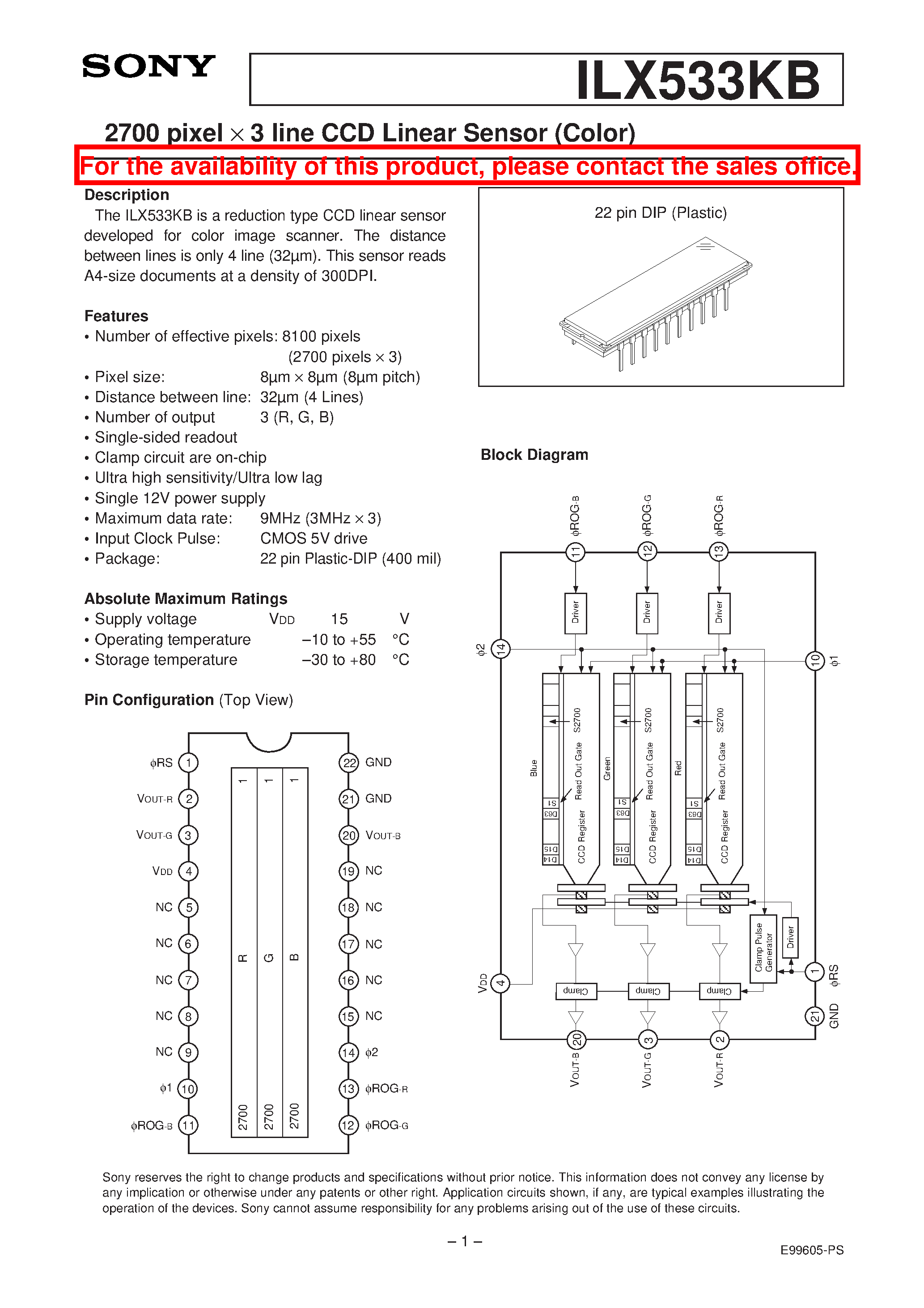 Datasheet ILX533KB - 2700 pixel X 3 line CCD Linear Sensor (Color) page 1