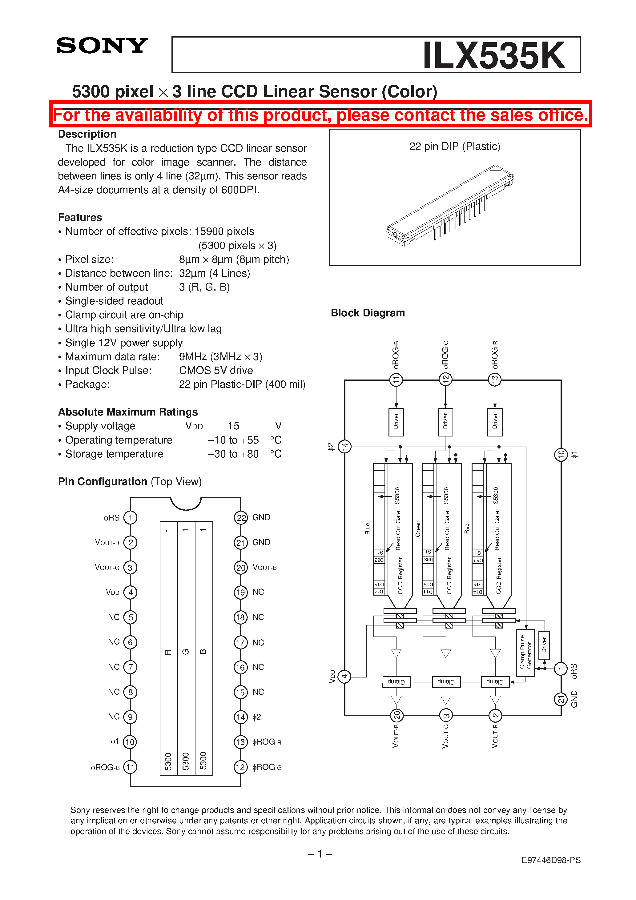 Datasheet ILX535 - 5300 pixel X 3 line CCD Linear Sensor (Color) page 1