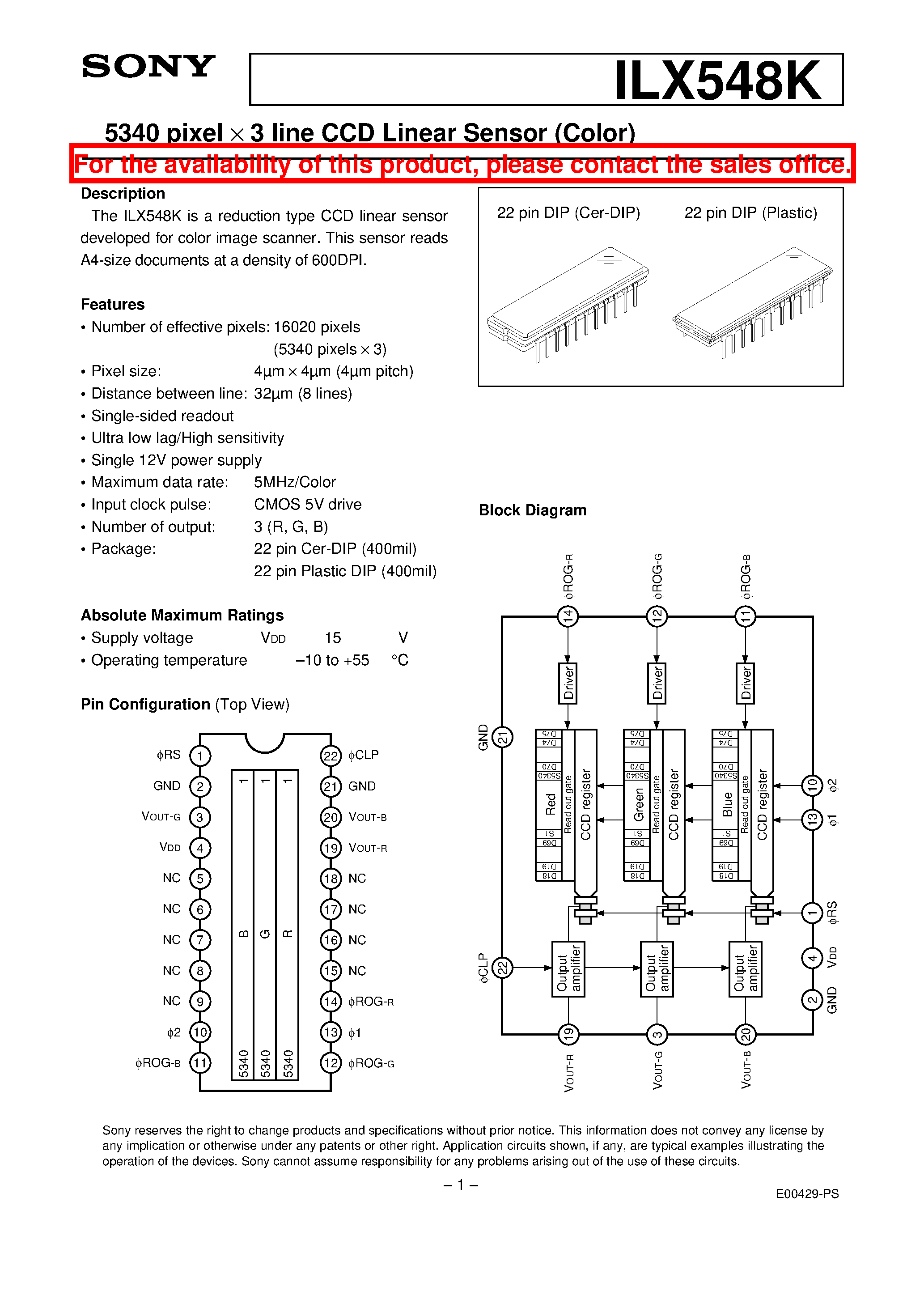 Datasheet ILX548K - 5340 pixel 3 line CCD Linear Sensor (Color) page 1
