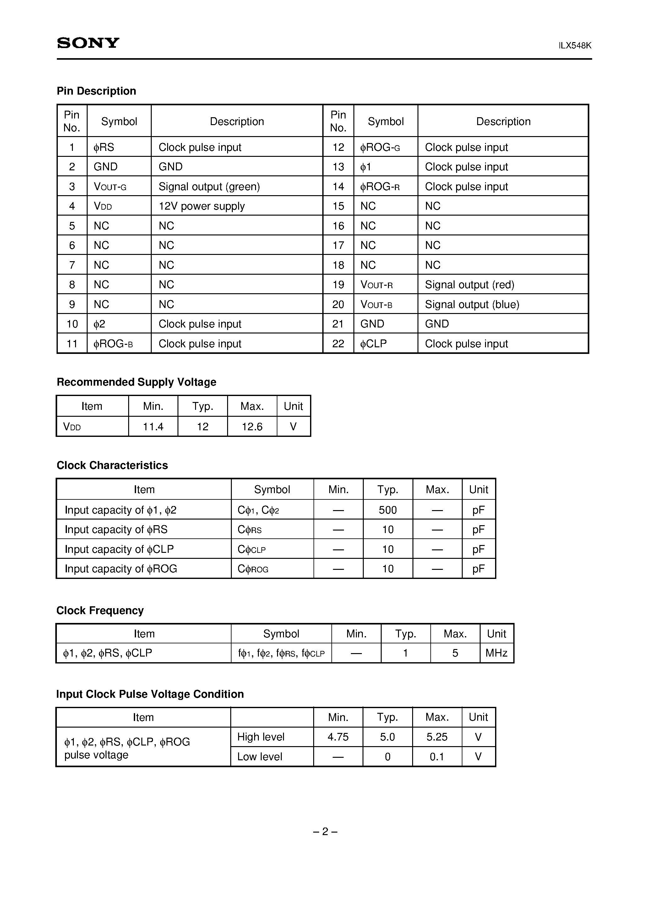 Datasheet ILX548K - 5340 pixel 3 line CCD Linear Sensor (Color) page 2