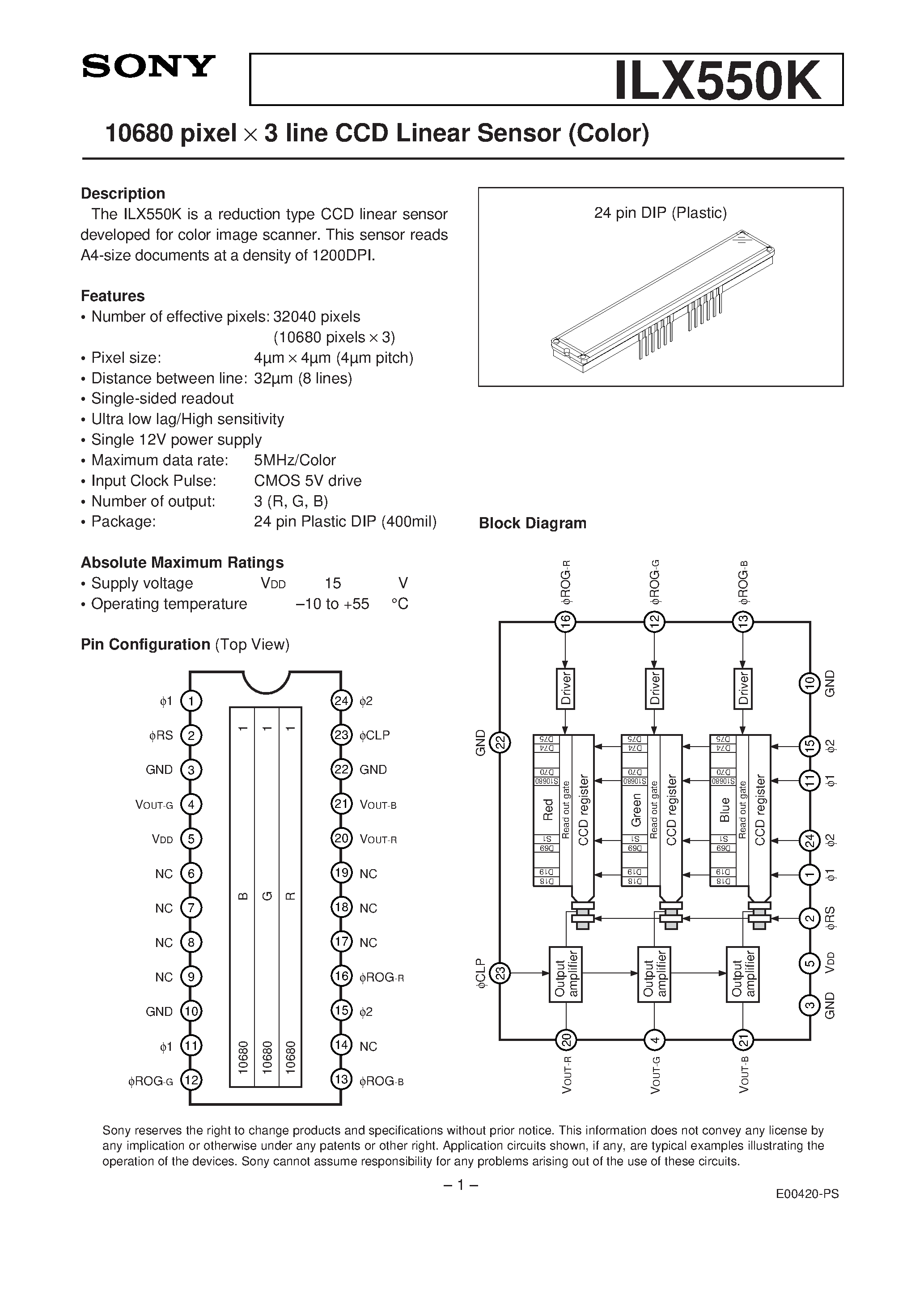 Datasheet ILX550K - 10680 pixel X 3 line CCD Linear Sensor (Color) page 1
