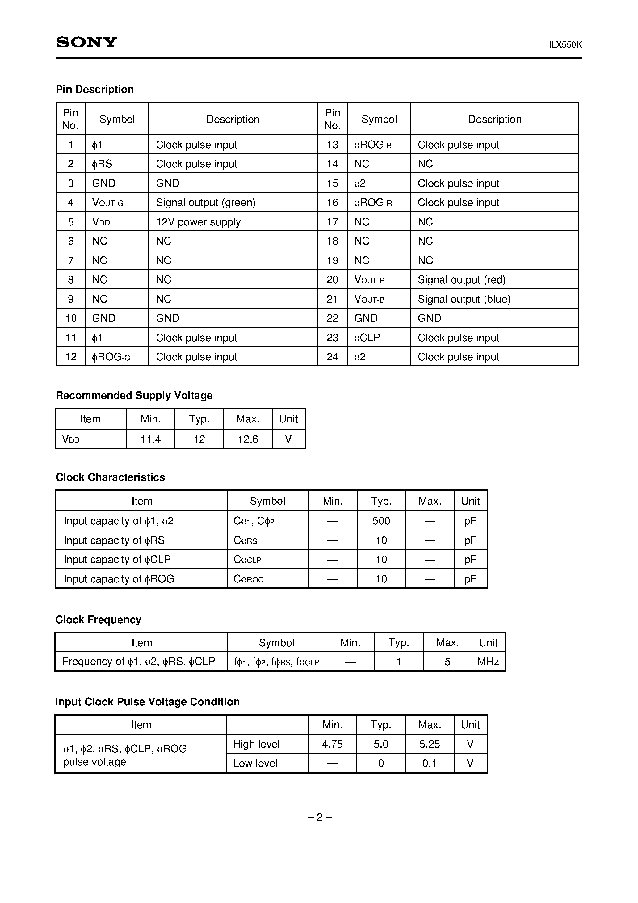 Datasheet ILX550K - 10680 pixel X 3 line CCD Linear Sensor (Color) page 2