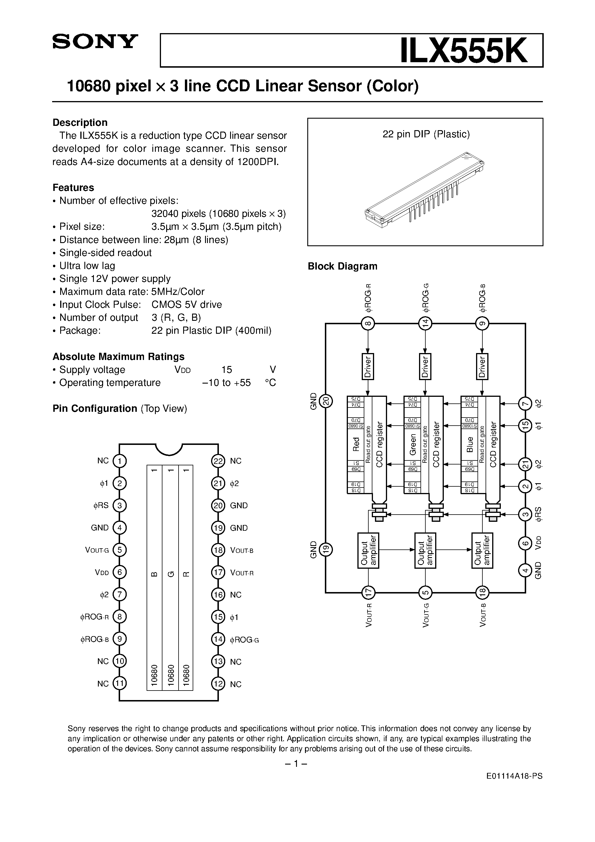 Datasheet ILX555K - 10680 pixel 3 line CCD Linear Sensor (Color) page 1