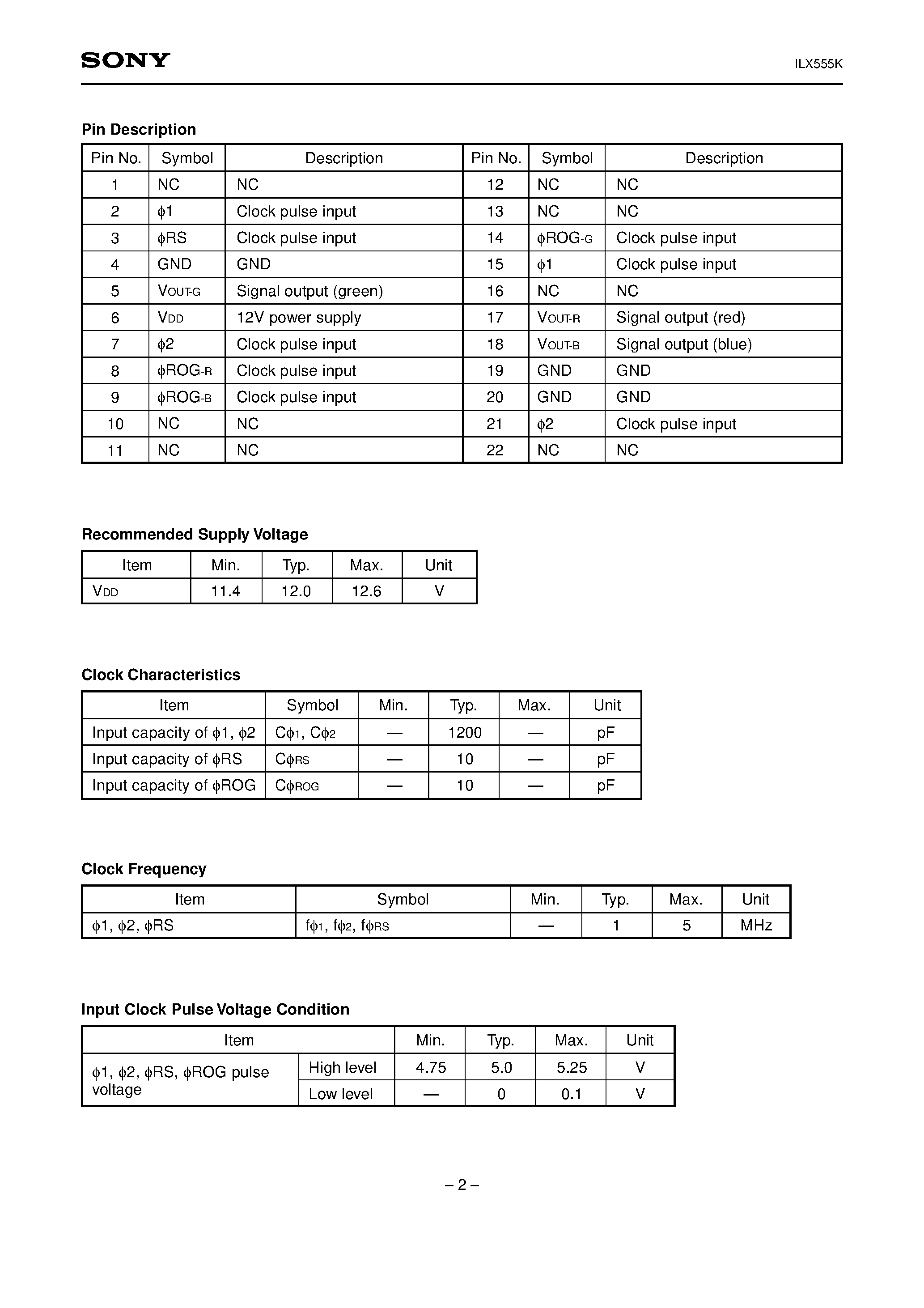 Datasheet ILX555K - 10680 pixel 3 line CCD Linear Sensor (Color) page 2