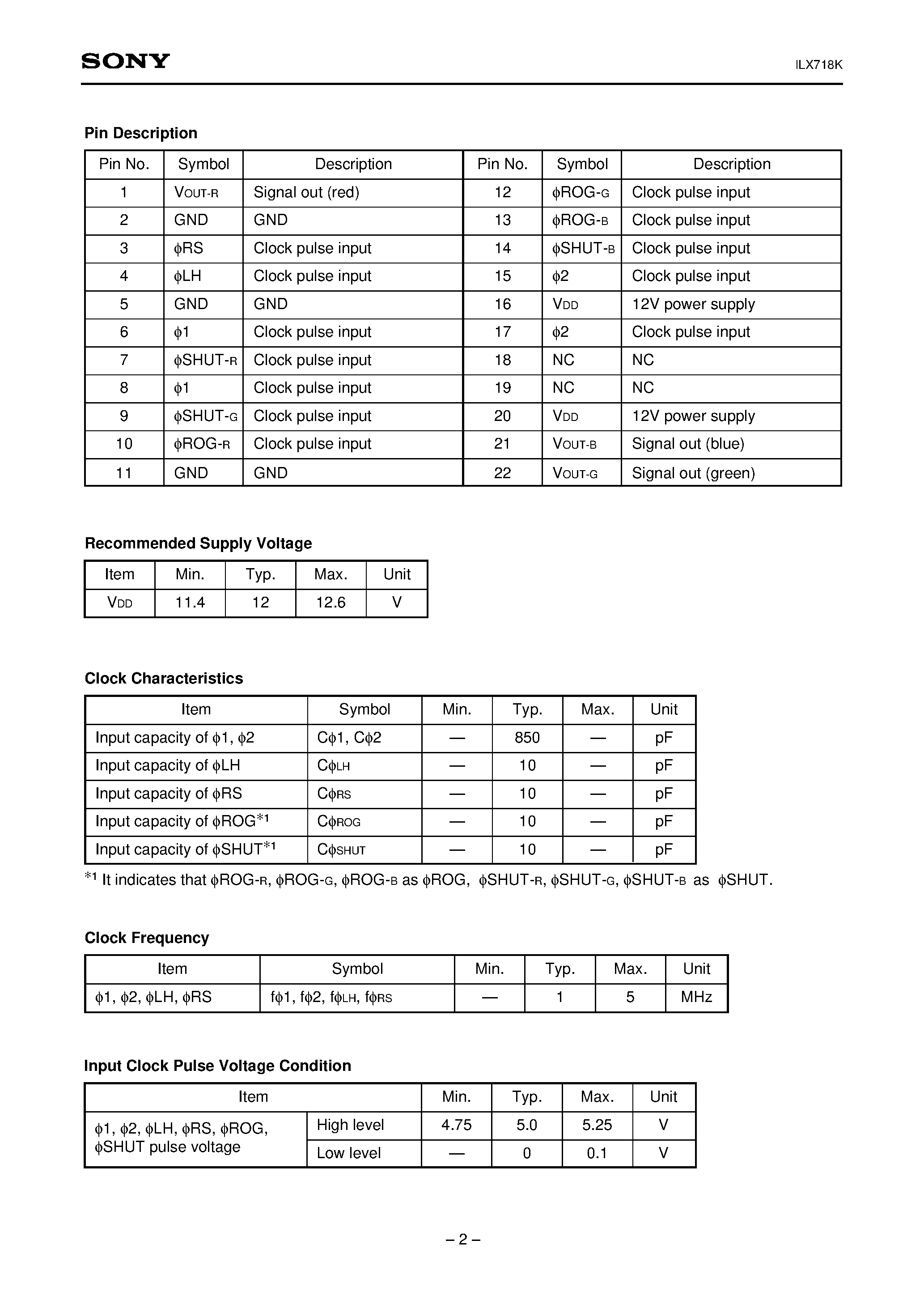 Datasheet ILX718 - 5363-pixel X 3 line CCD Linear Sensor (Color) page 2