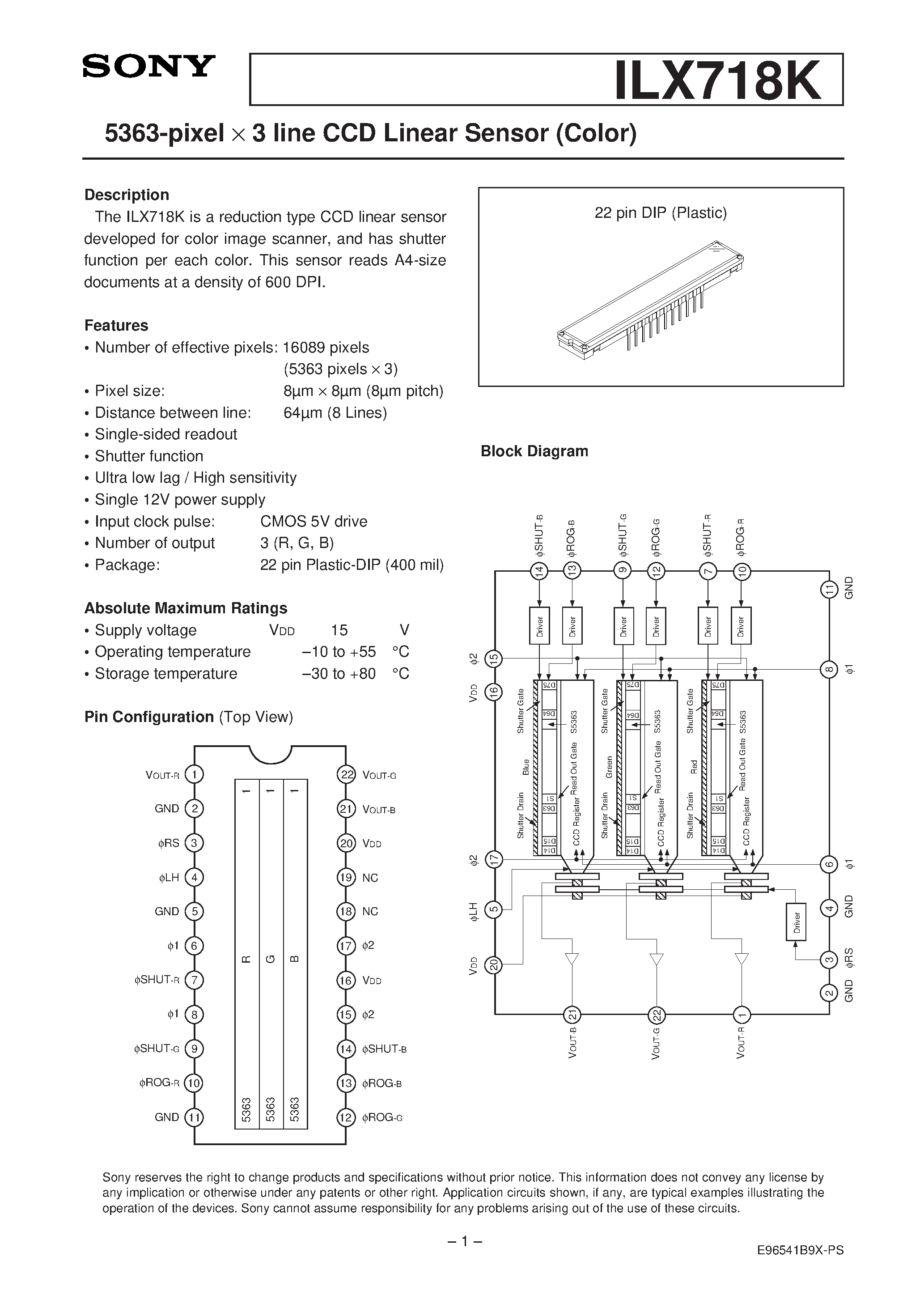 Datasheet ILX718K - 5363-pixel X 3 line CCD Linear Sensor (Color) page 1