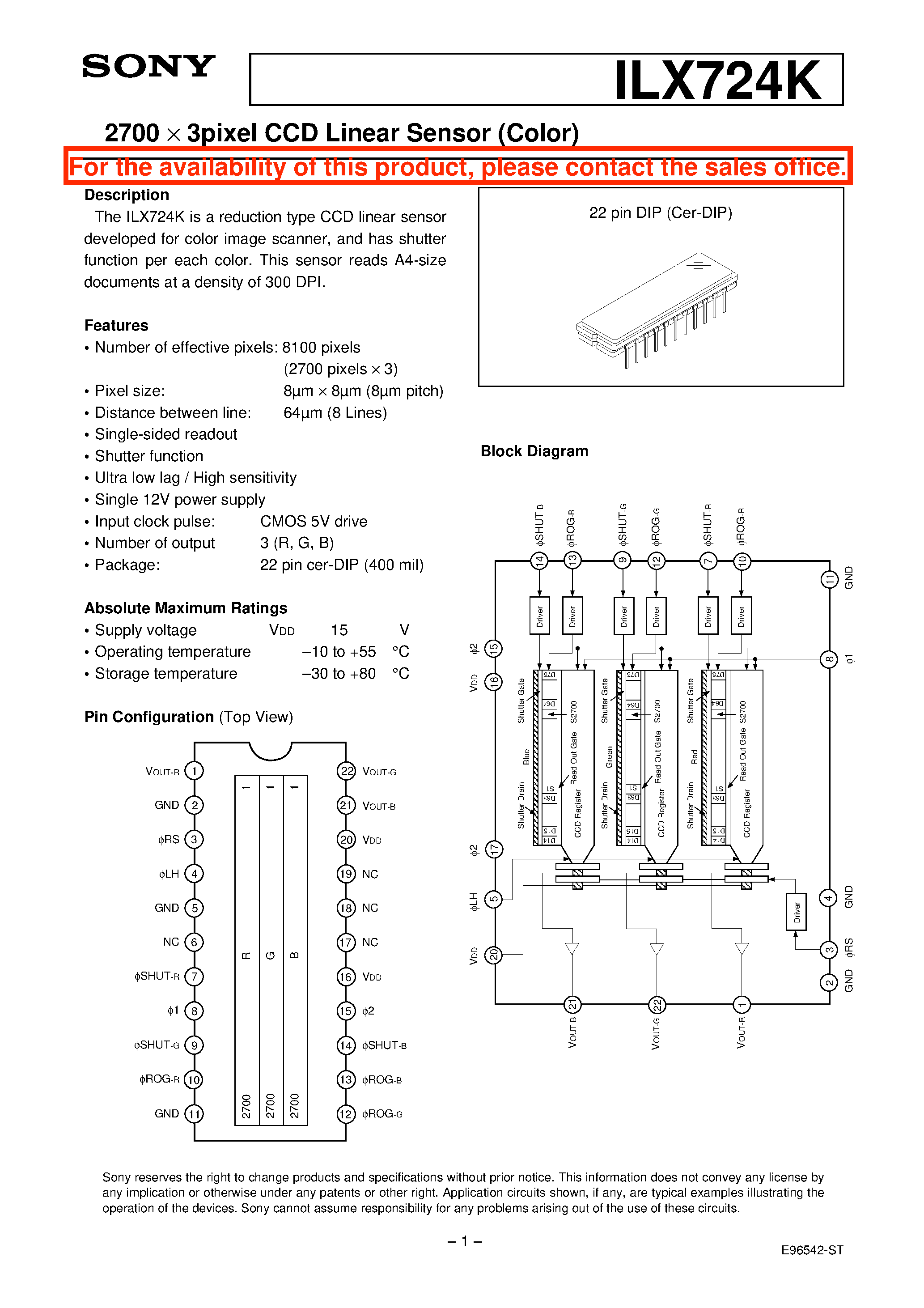 Datasheet ILX724K - 2700 X 3pixel CCD Linear Sensor (Color) page 1