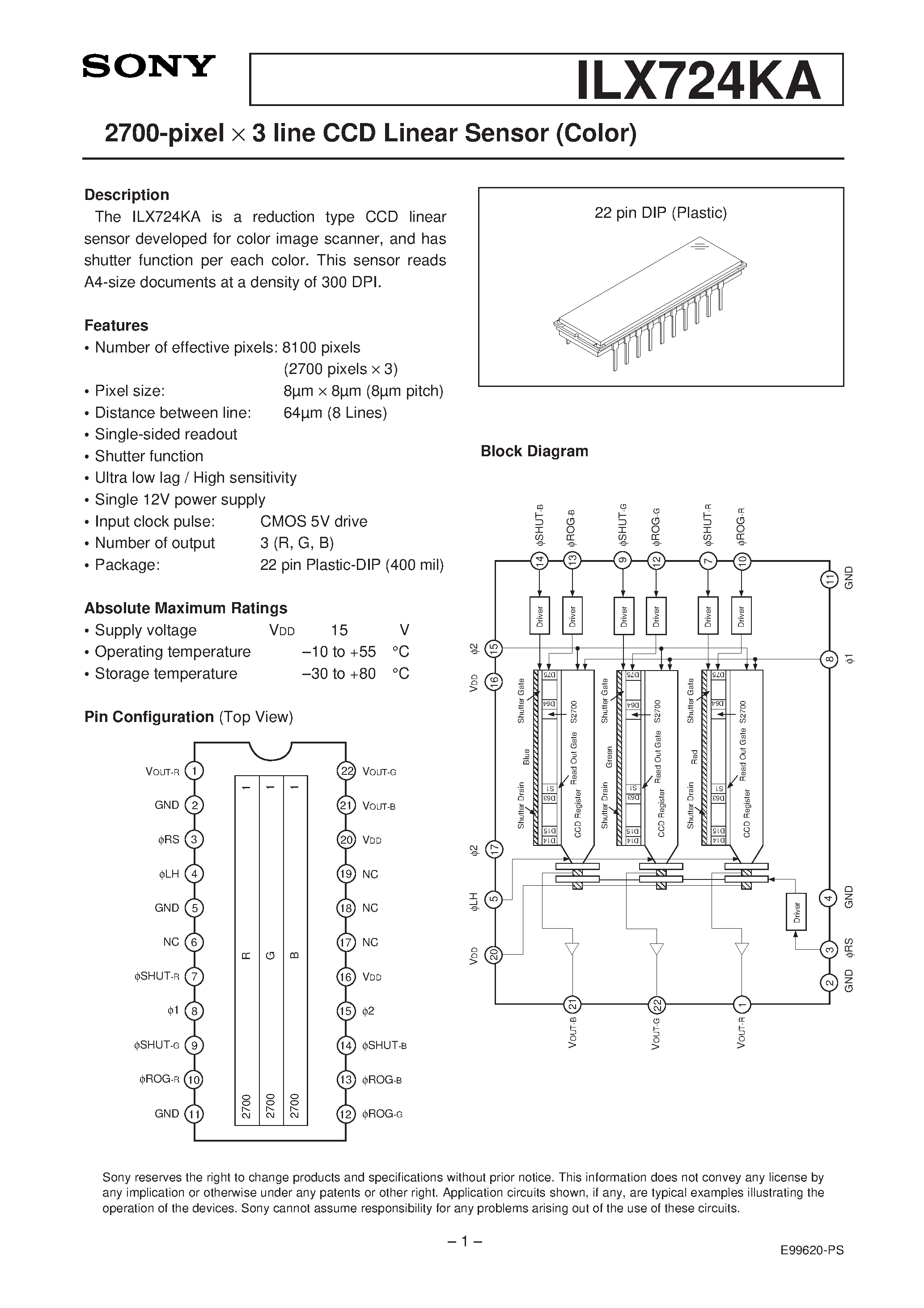 Datasheet ILX724KA - 2700-pixel X 3 line CCD Linear Sensor (Color) page 1