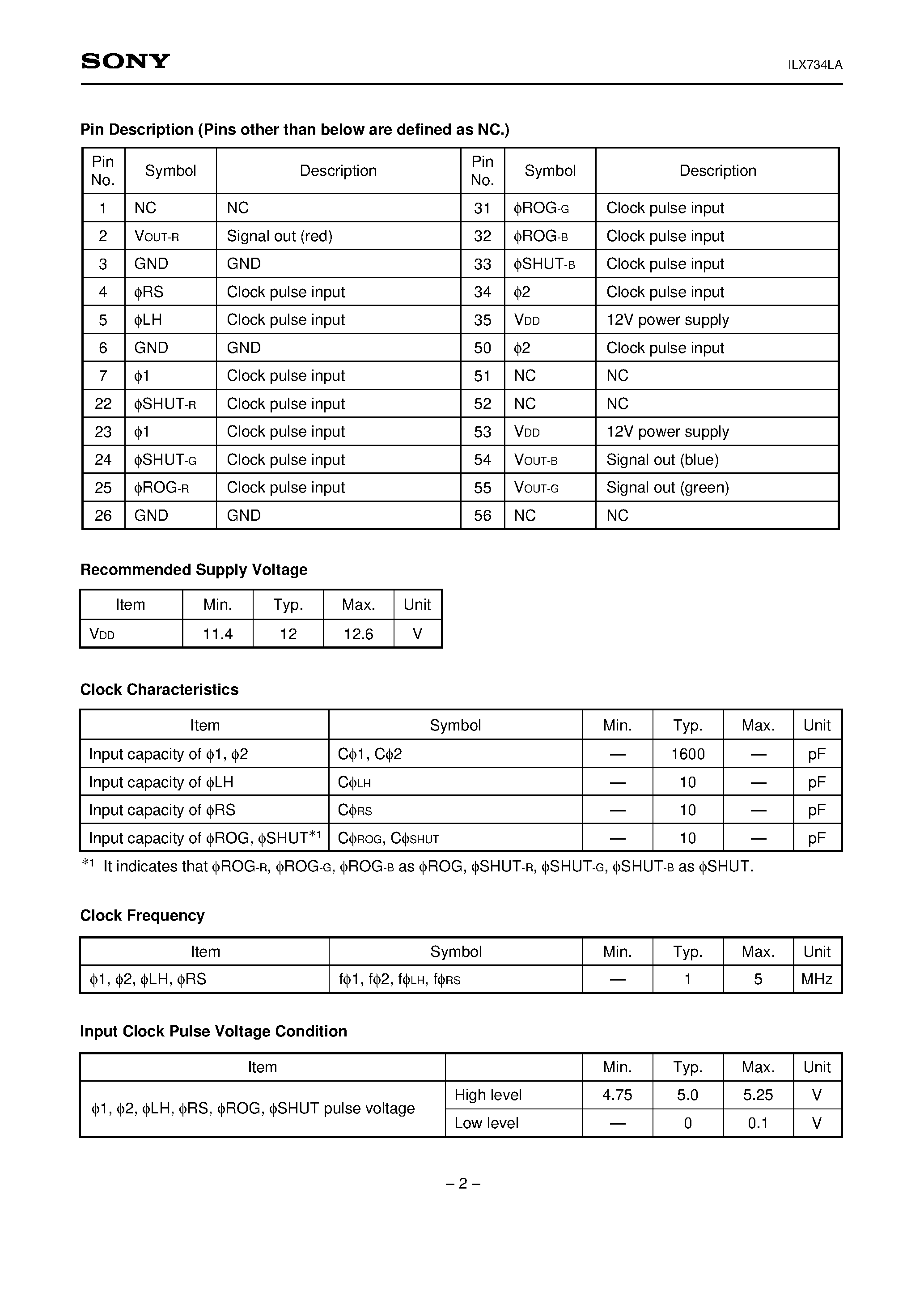Datasheet ILX734LA - 10500 X 3 pixel CCD Linear Sensor (Color) page 2