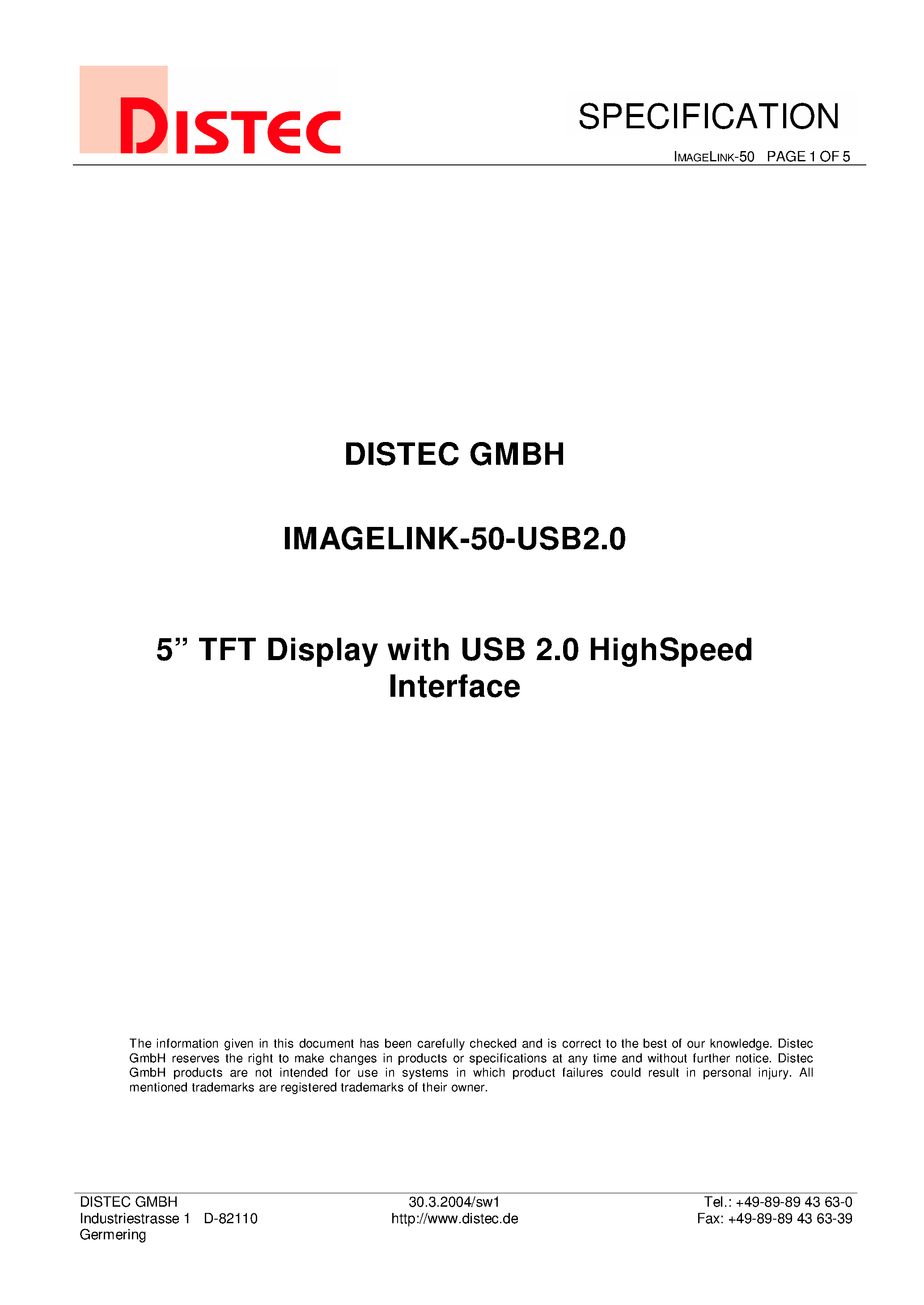 Datasheet IMAGELINK-50-USB20 - IMAGELINK-50-USB2.0 page 1