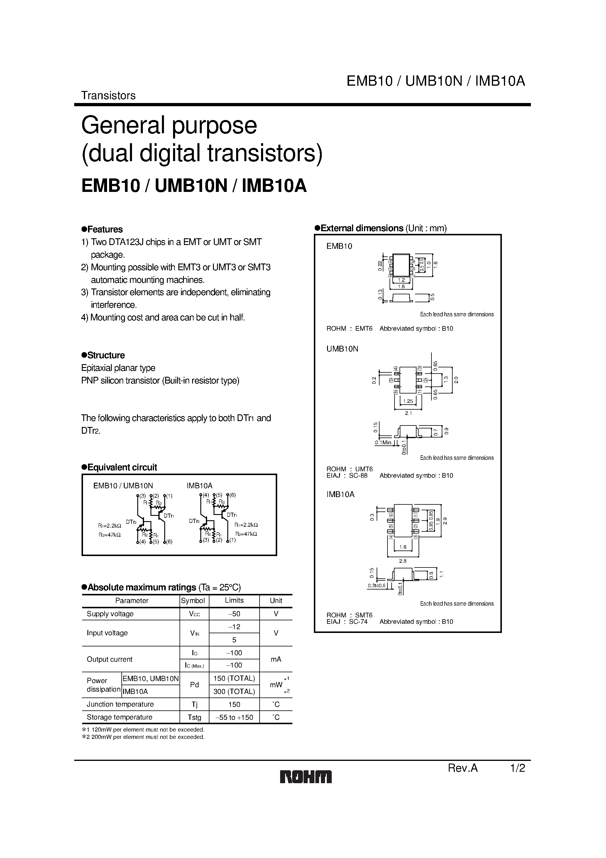 Даташит на микросхему IMB10A страница 1 Даташит IMB10A - General purpose (dual digital transistors) страница 1