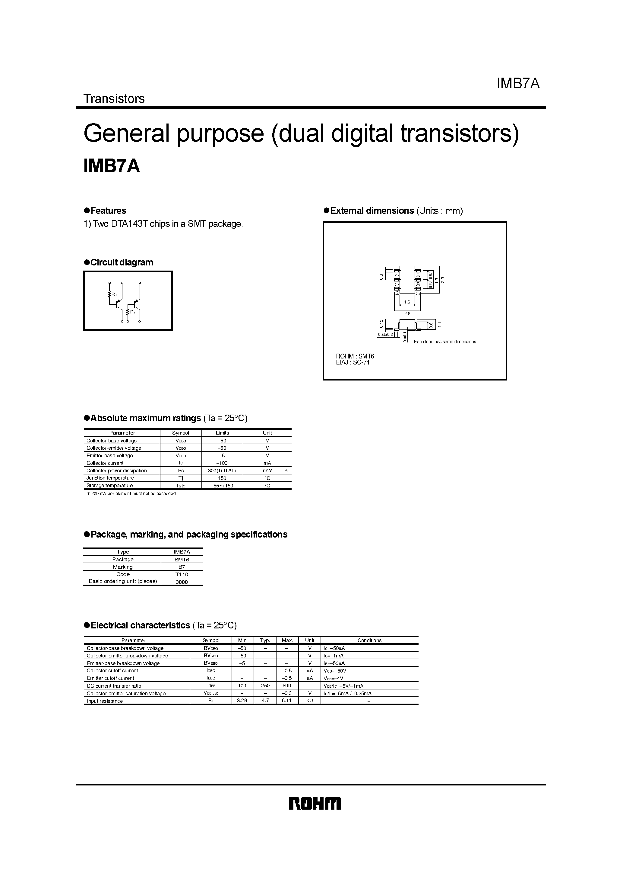 Даташит на микросхему IMB7A страница 1 Даташит IMB7A - General purpose (dual digital transistors) страница 1