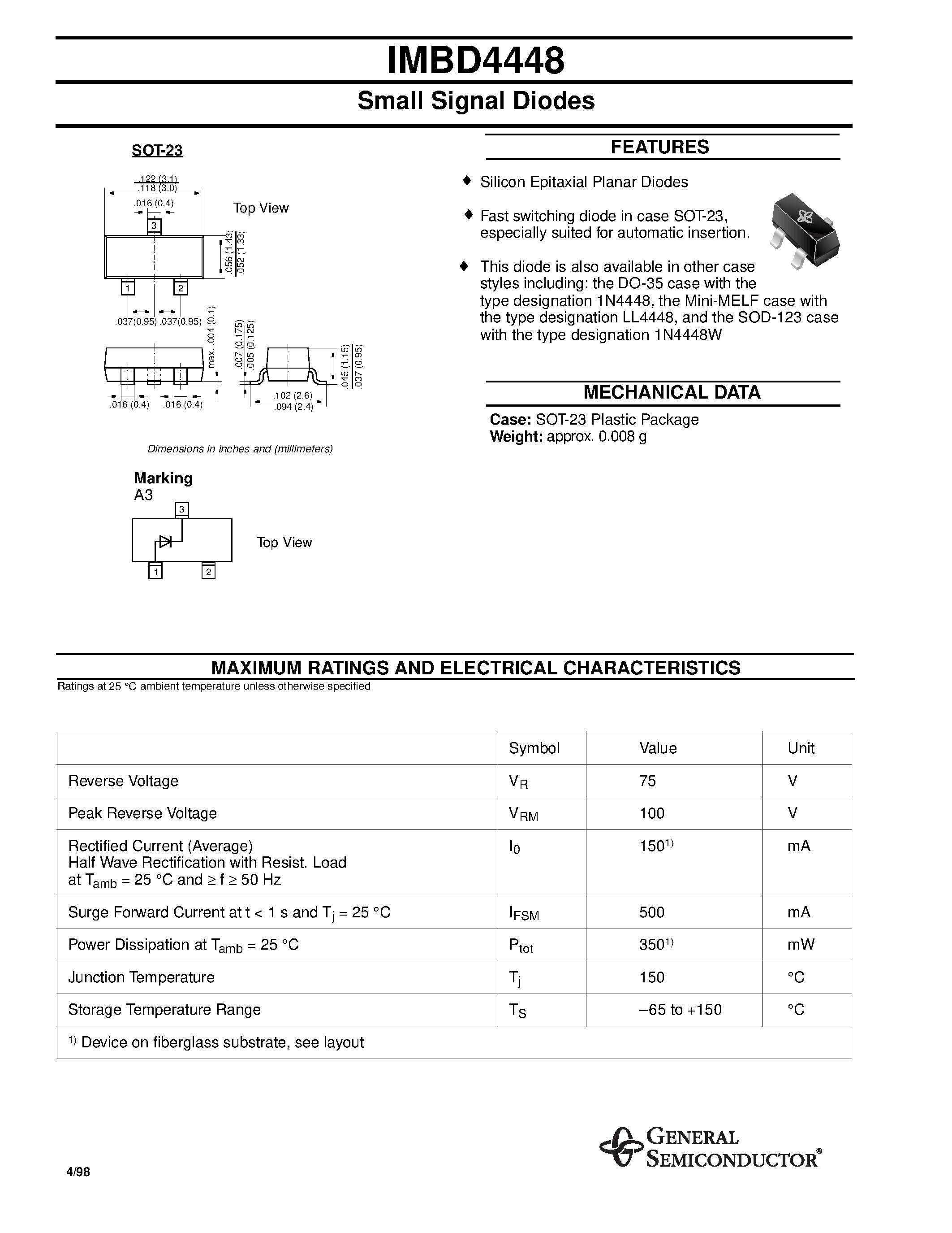 Даташит на микросхему IMBD4448 страница 1 Даташит IMBD4448 - Small Signal Diodes страница 1