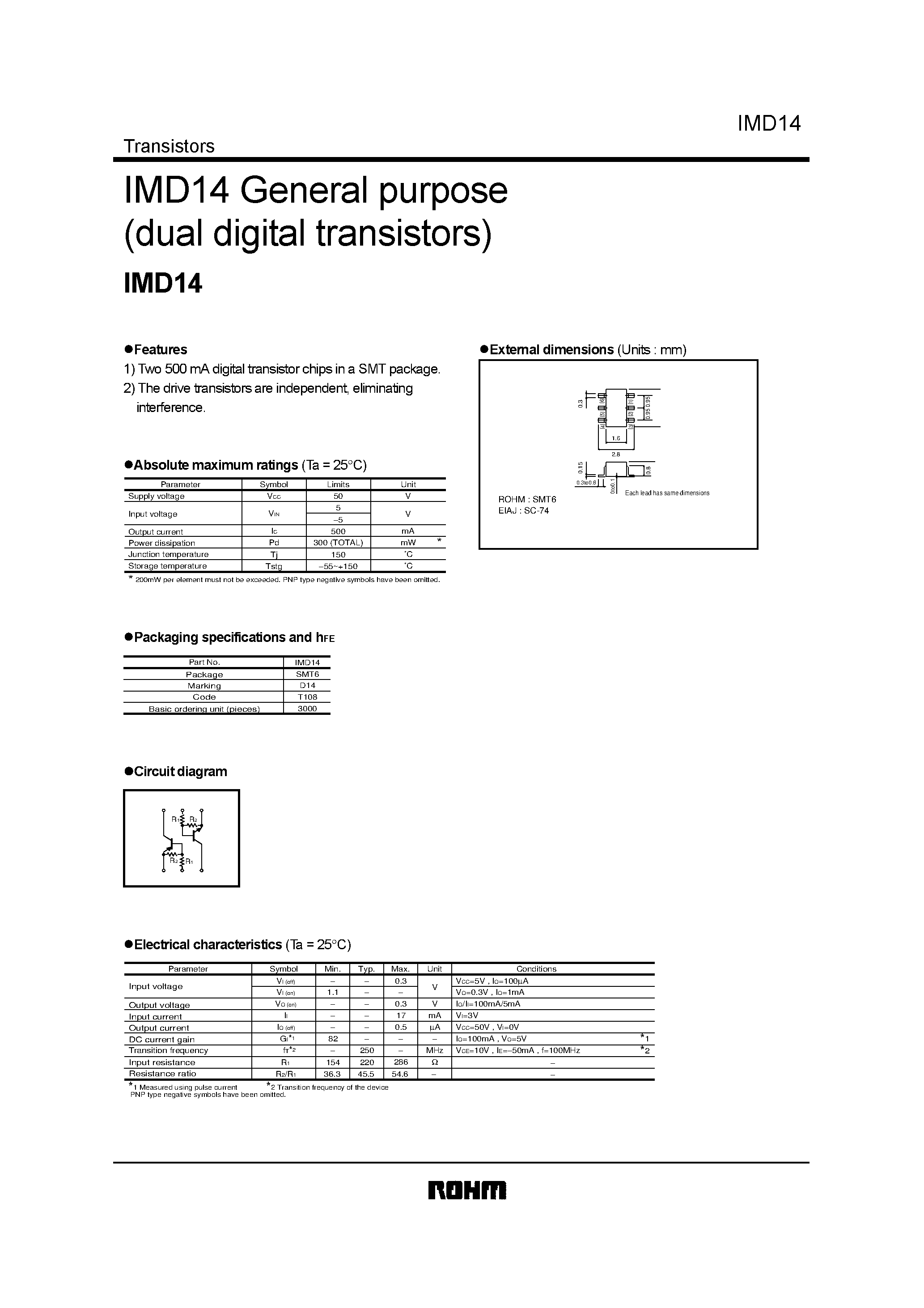 Даташит IMD14 - IMD14 General purpose dual digital transistors страница 1