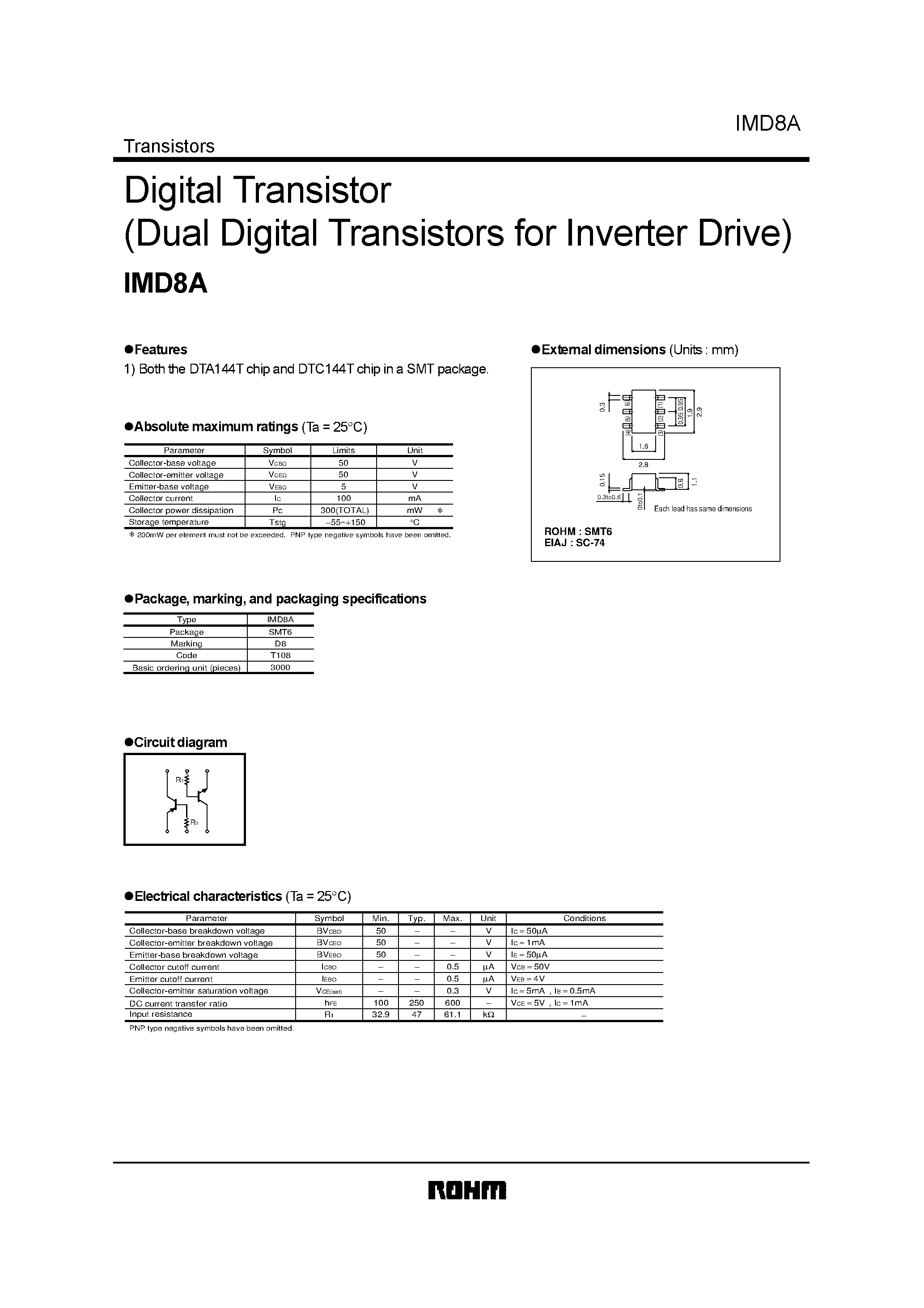 Даташит IMD8A - Digital Transistor Dual Digital Transistors for Inverter Drive страница 1