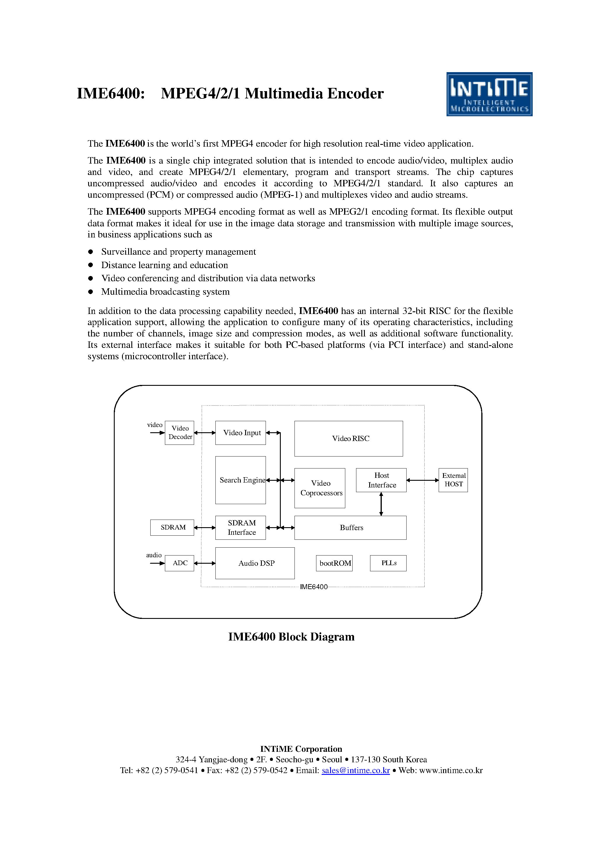 Datasheet IME6400 page 1 Datasheet IME6400 - MPEG4/2/1 Multimedia Encoder page 1