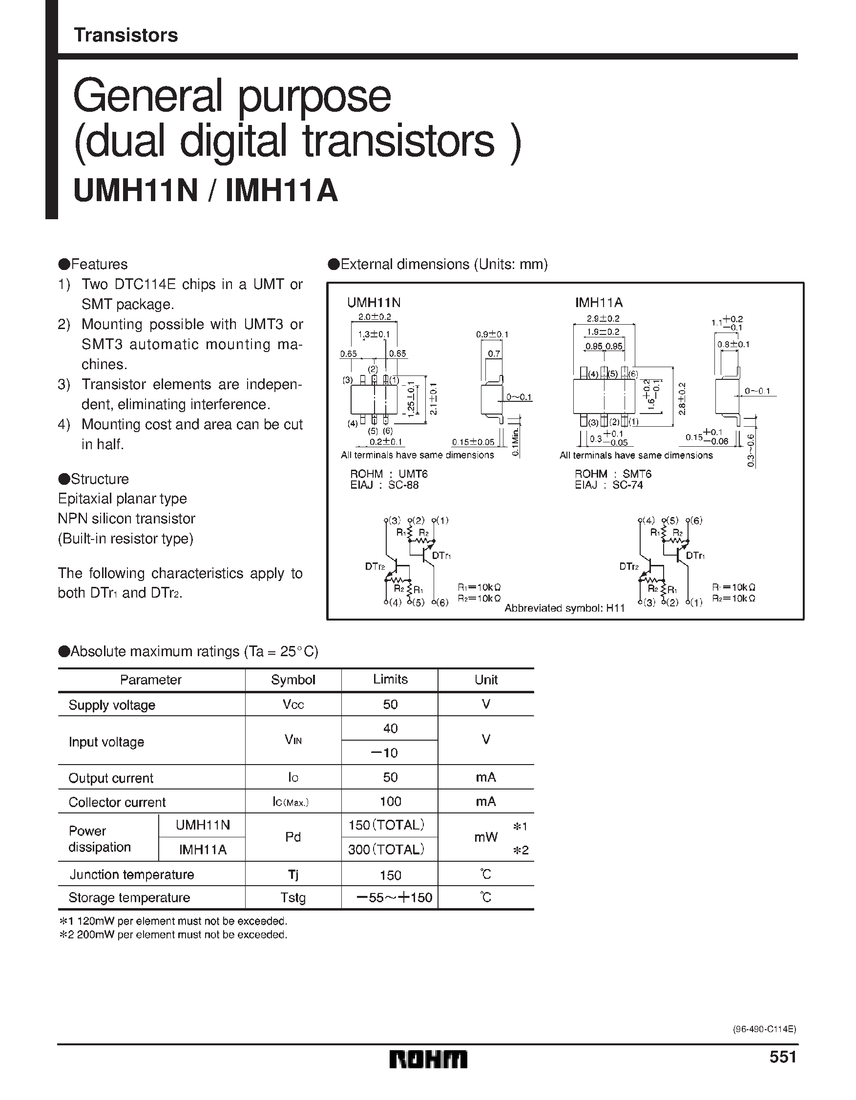 Даташит на микросхему IMH11A страница 1 Даташит IMH11A - General purpose (dual digital transistors) страница 1