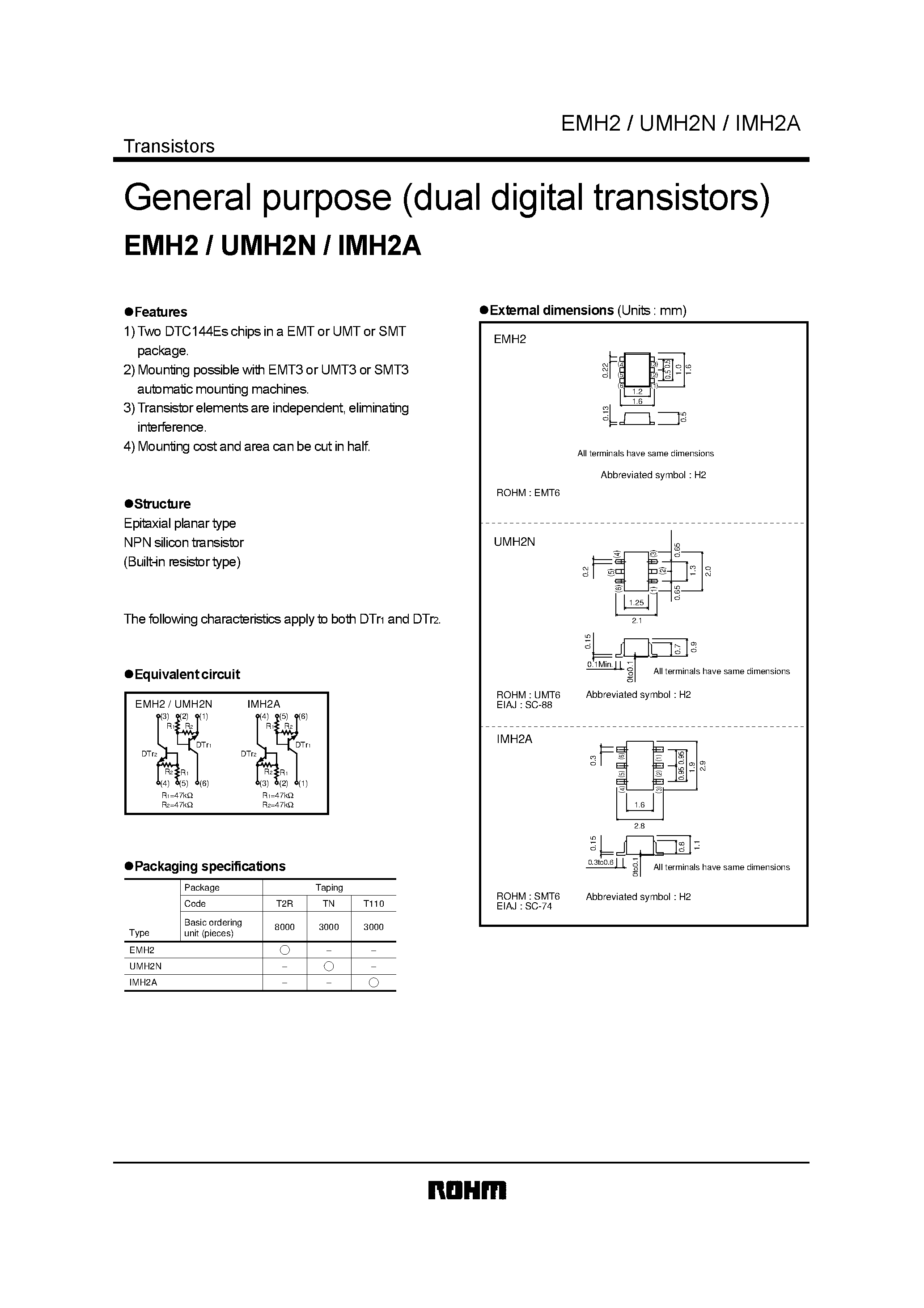 Даташит IMH2A - General purpose (dual digital transistors) страница 1