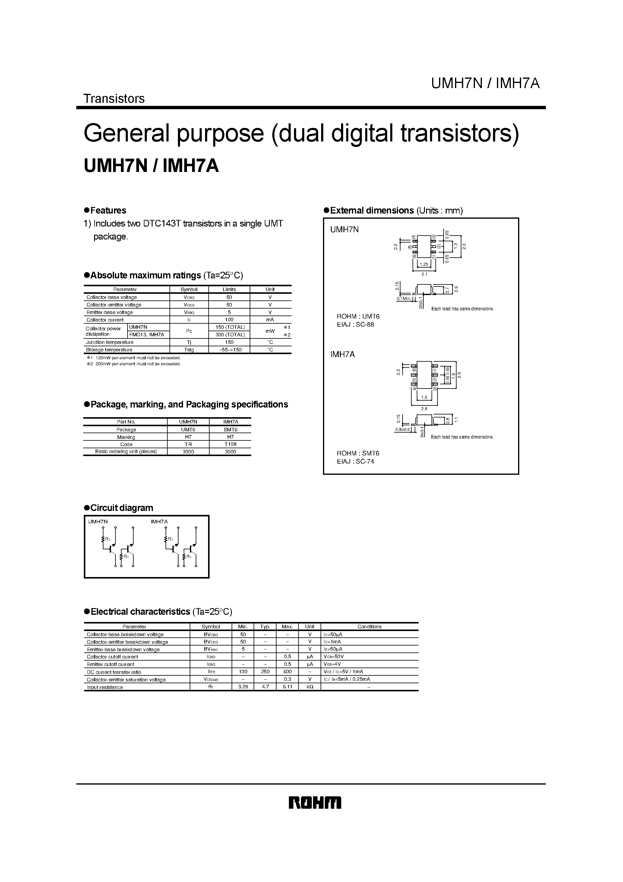 Даташит на микросхему IMH7 страница 1 Даташит IMH7 - General purpose (dual digital transistors) страница 1