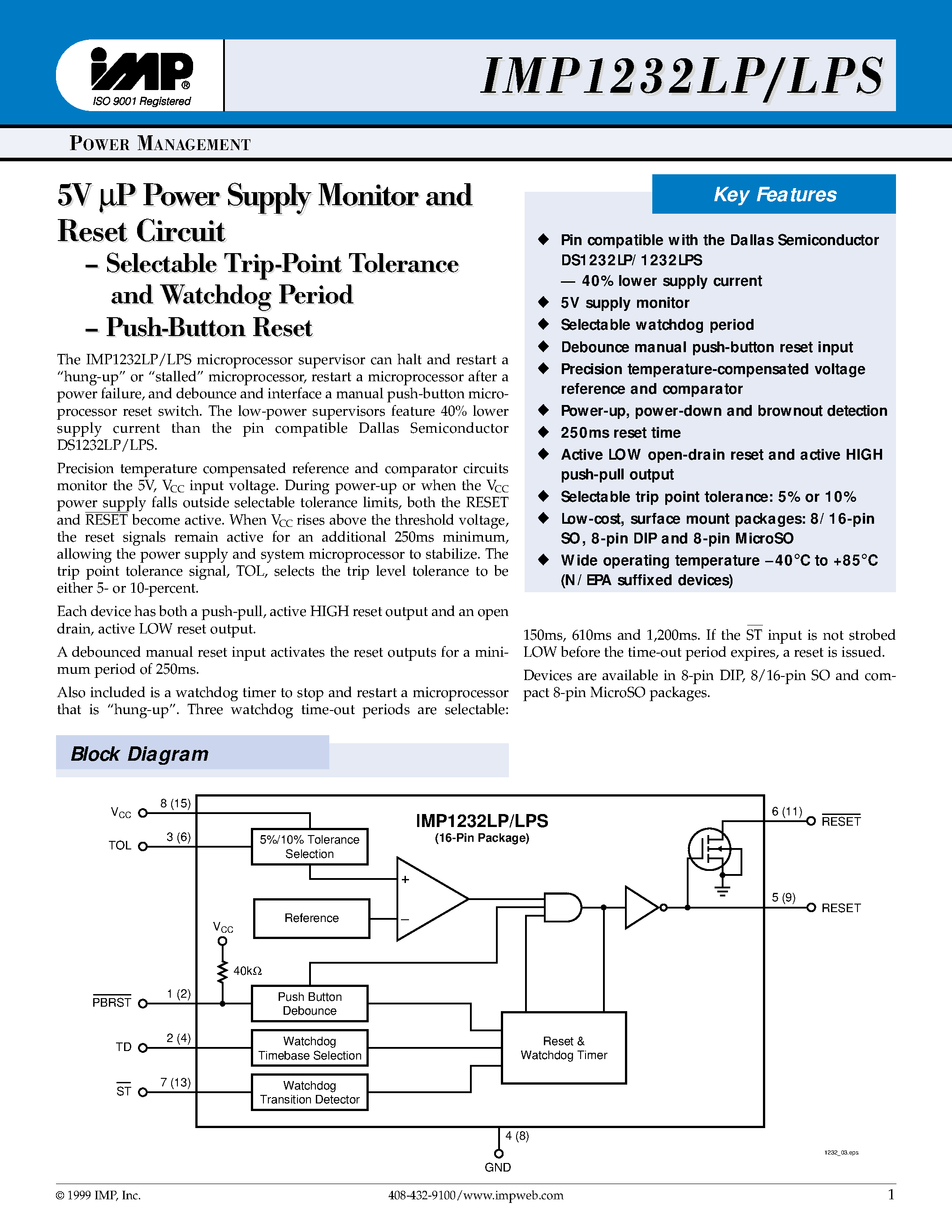 Datasheet IMP1232 page 1 Datasheet IMP1232 - 5V P Power Suppl er Supply Monit y Monitor and or and Reset Cir eset Circuit page 1