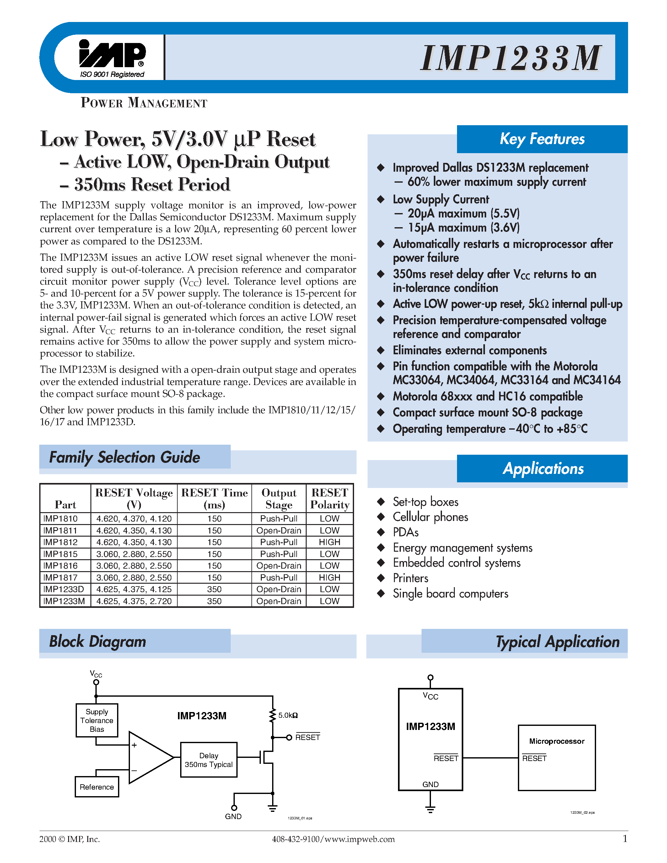 Даташит IMP1233M - Low Power/ 5V/ P Reset страница 1