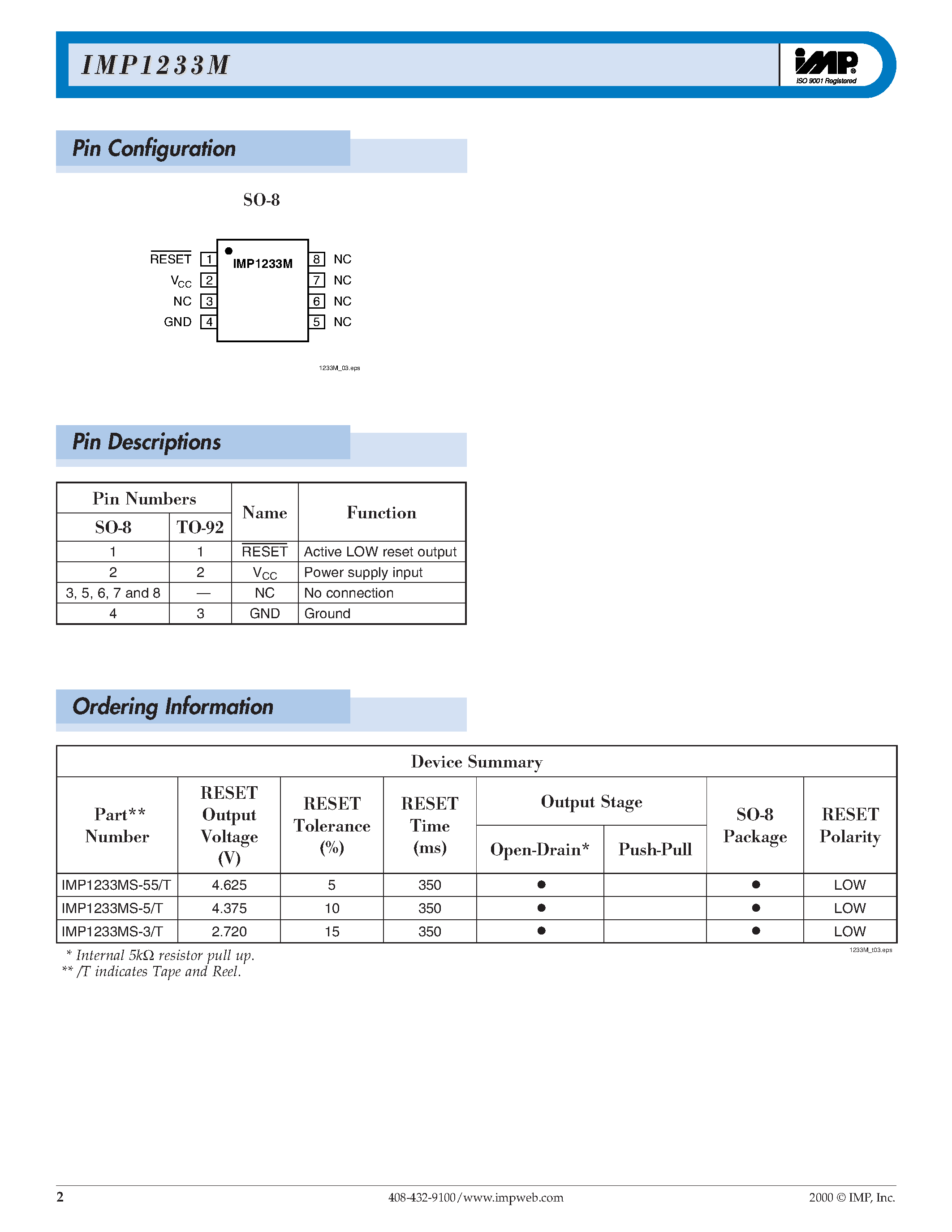 Даташит IMP1233M - Low Power/ 5V/ P Reset страница 2