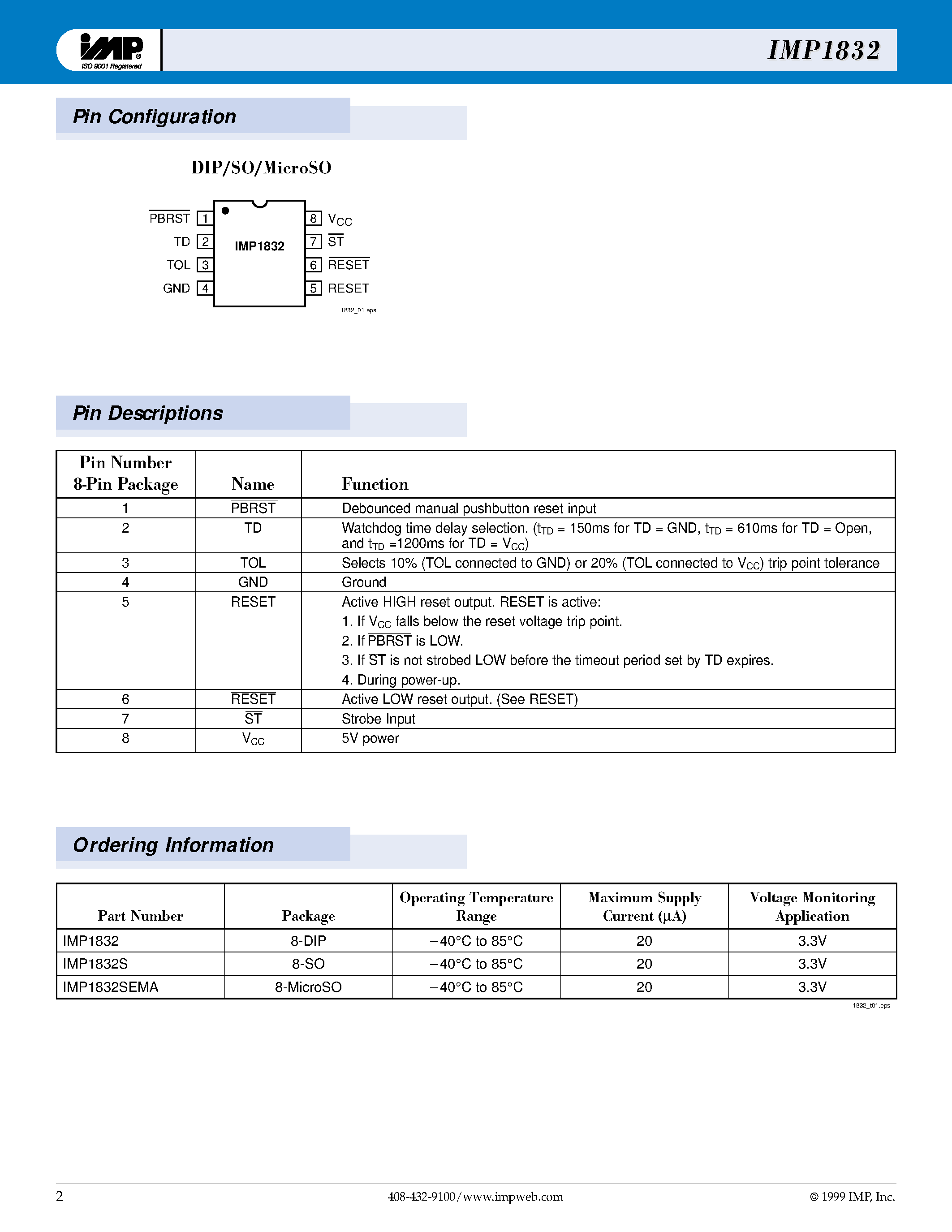 Даташит IMP1832S - 3.3V P Power Suppl Monitor and Reset Circuit страница 2
