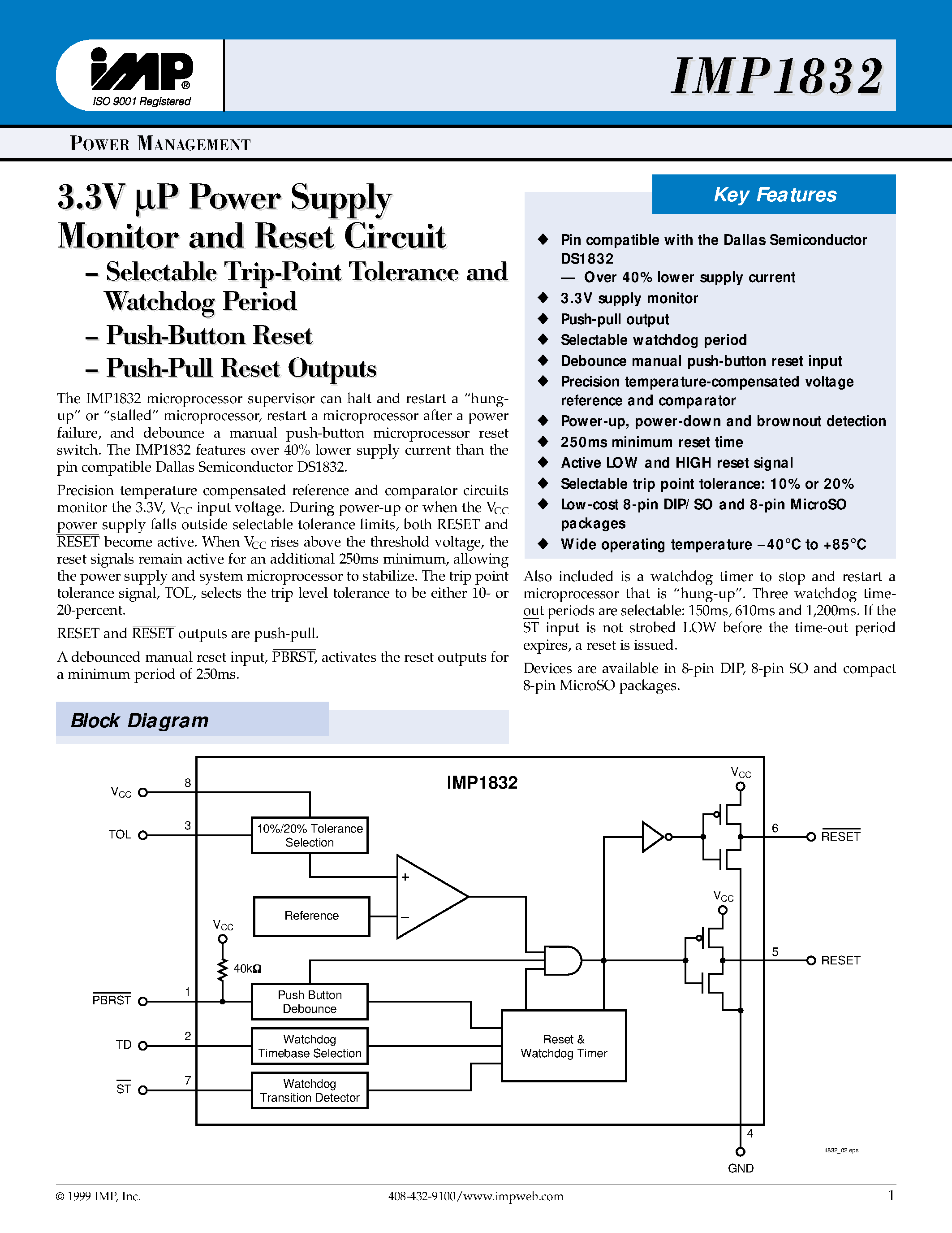 Даташит IMP1832SEMA - 3.3V P Power Suppl Monitor and Reset Circuit страница 1