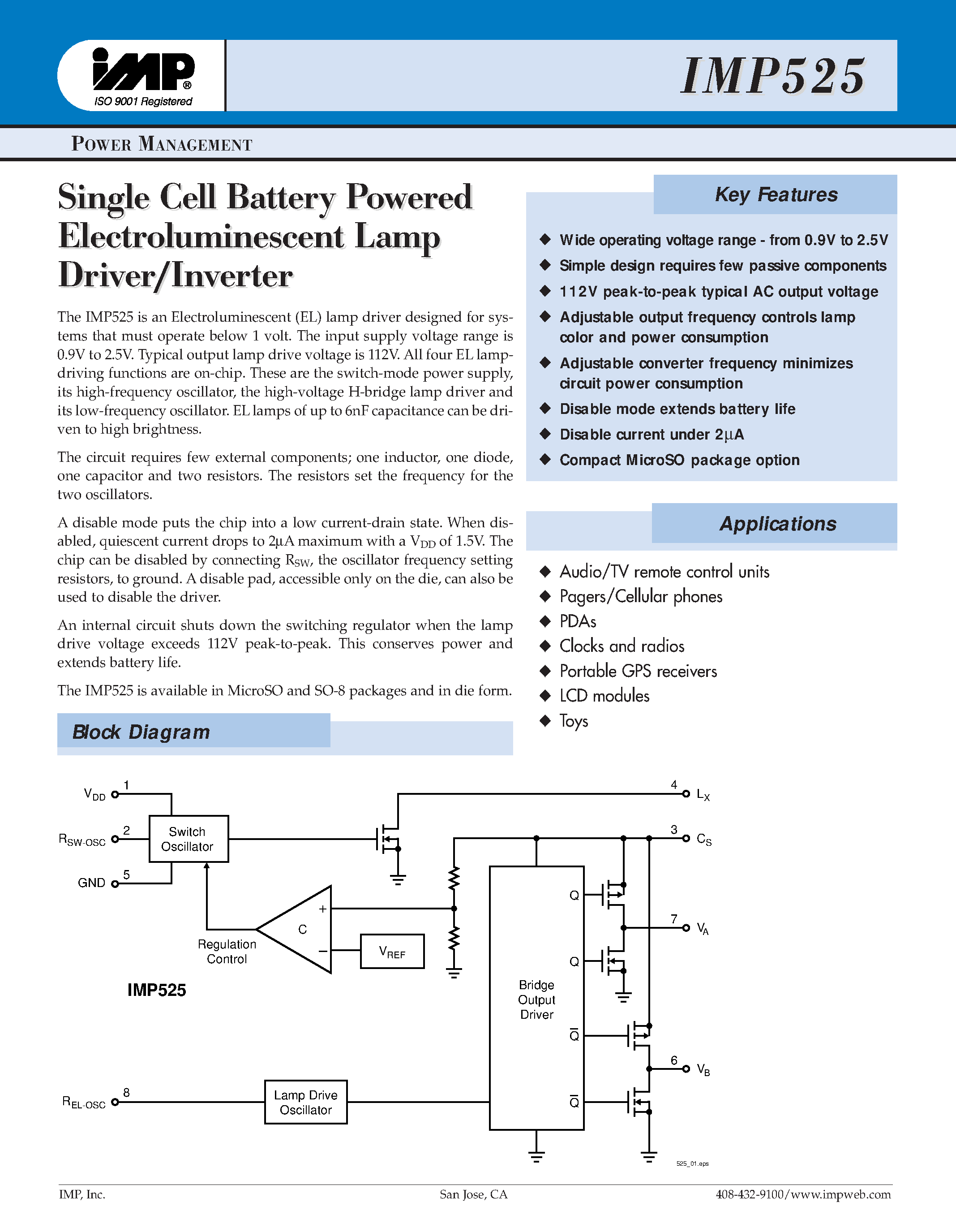 Datasheet IMP525 - SINGLE CELL BATTERY POWERED ELECTROLUMINESCENT LAMP DRIVER/INVERTER page 1