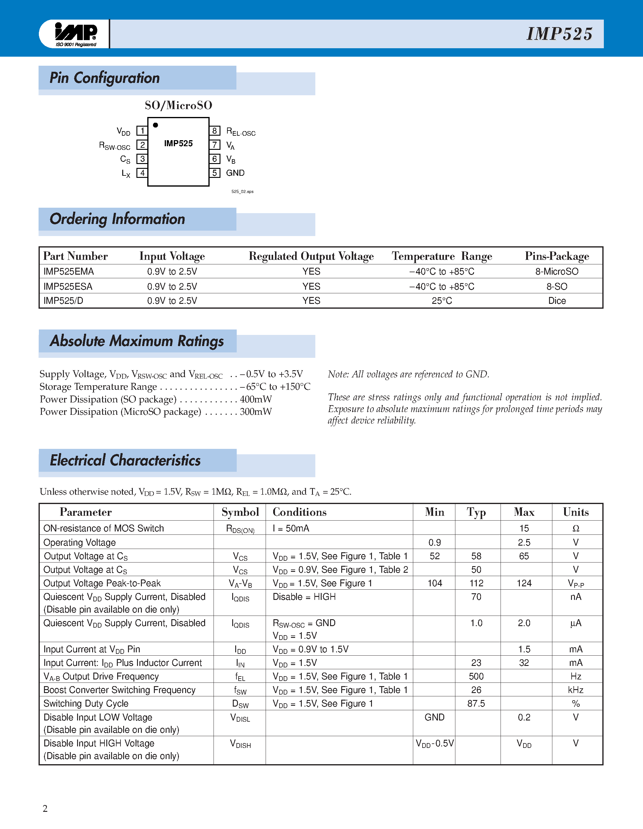 Datasheet IMP525 - SINGLE CELL BATTERY POWERED ELECTROLUMINESCENT LAMP DRIVER/INVERTER page 2