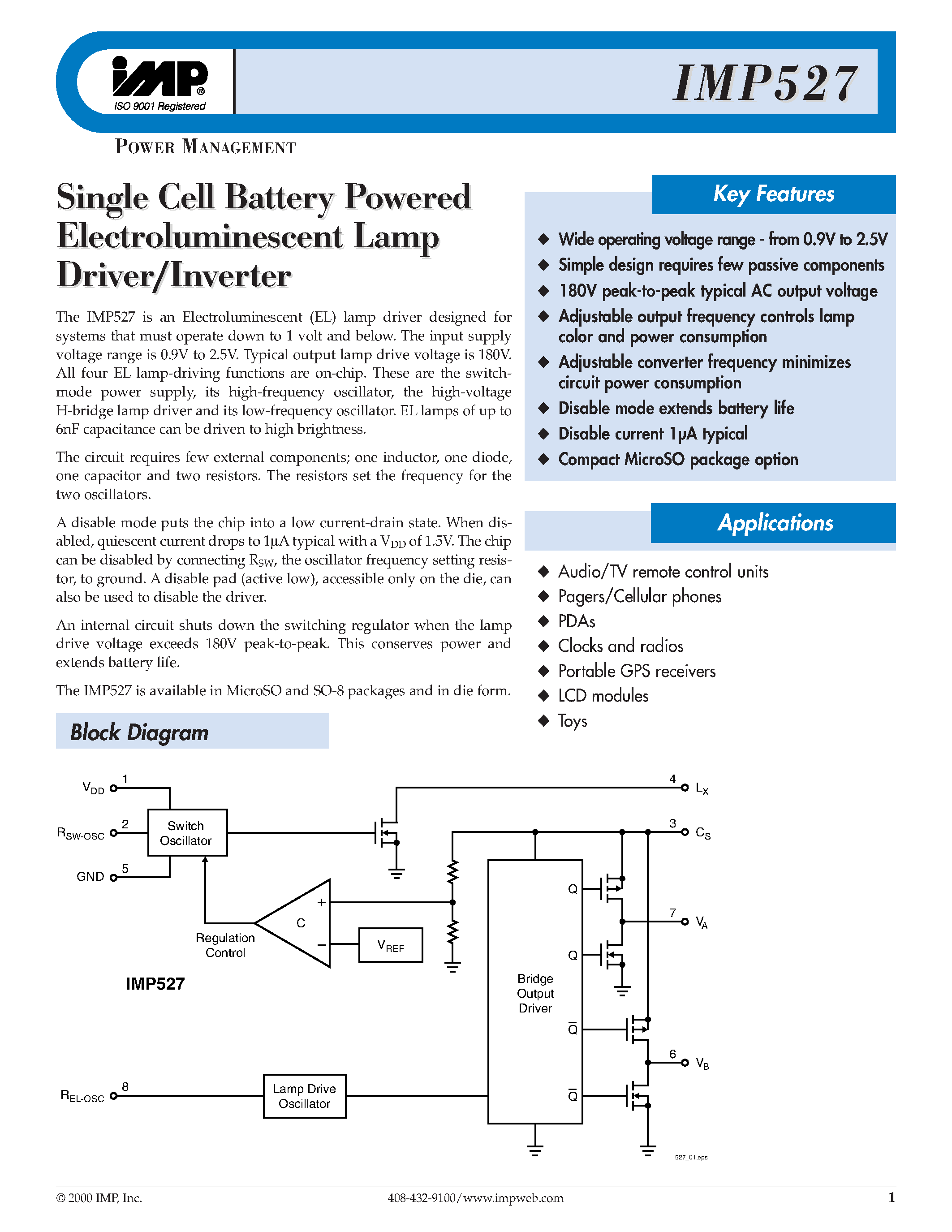 Datasheet IMP527 - SINGLE CELL BATTERY POWERED ELECTROLUMINESCENT LAMP DRIVER/INVERTER page 1