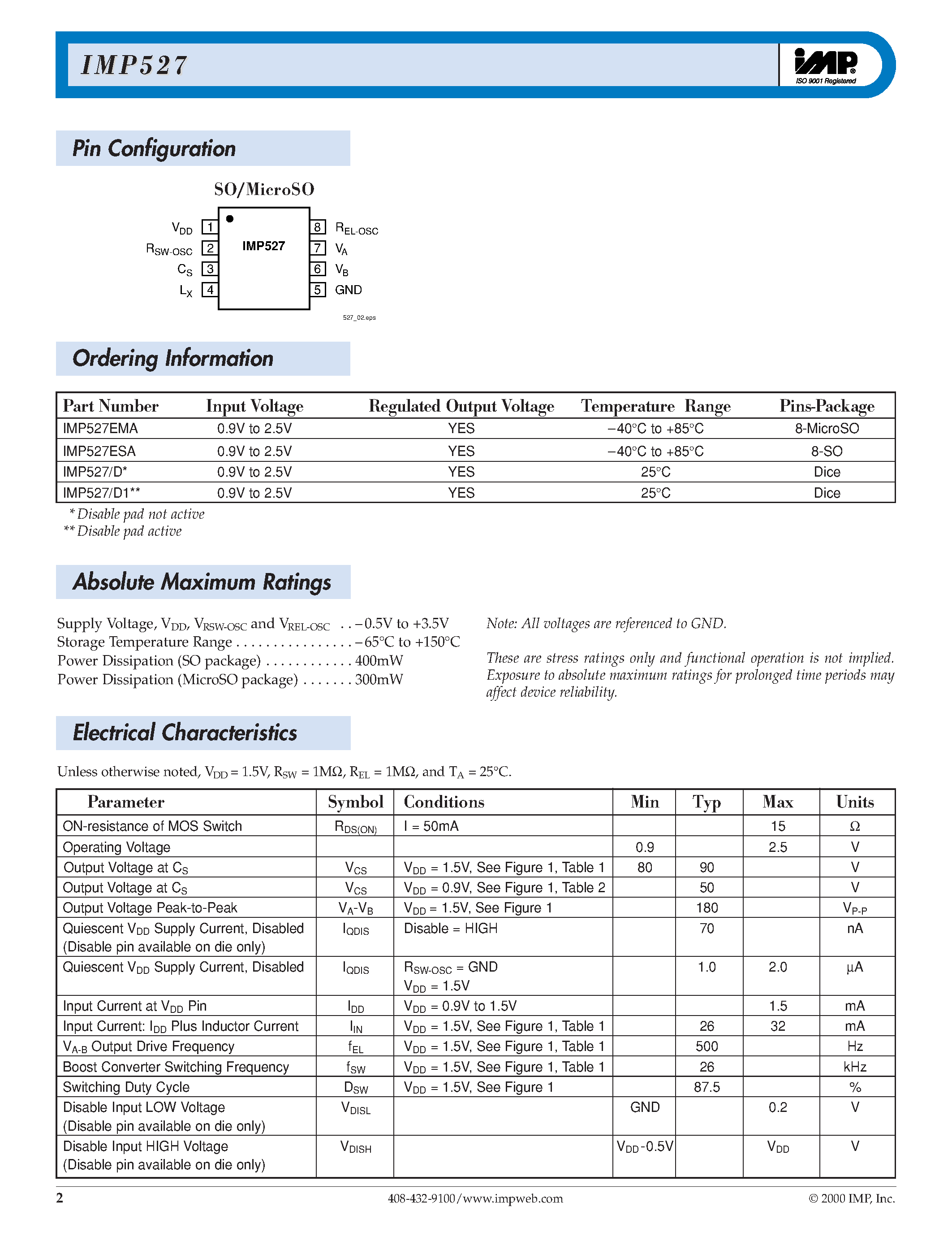 Datasheet IMP527 - SINGLE CELL BATTERY POWERED ELECTROLUMINESCENT LAMP DRIVER/INVERTER page 2