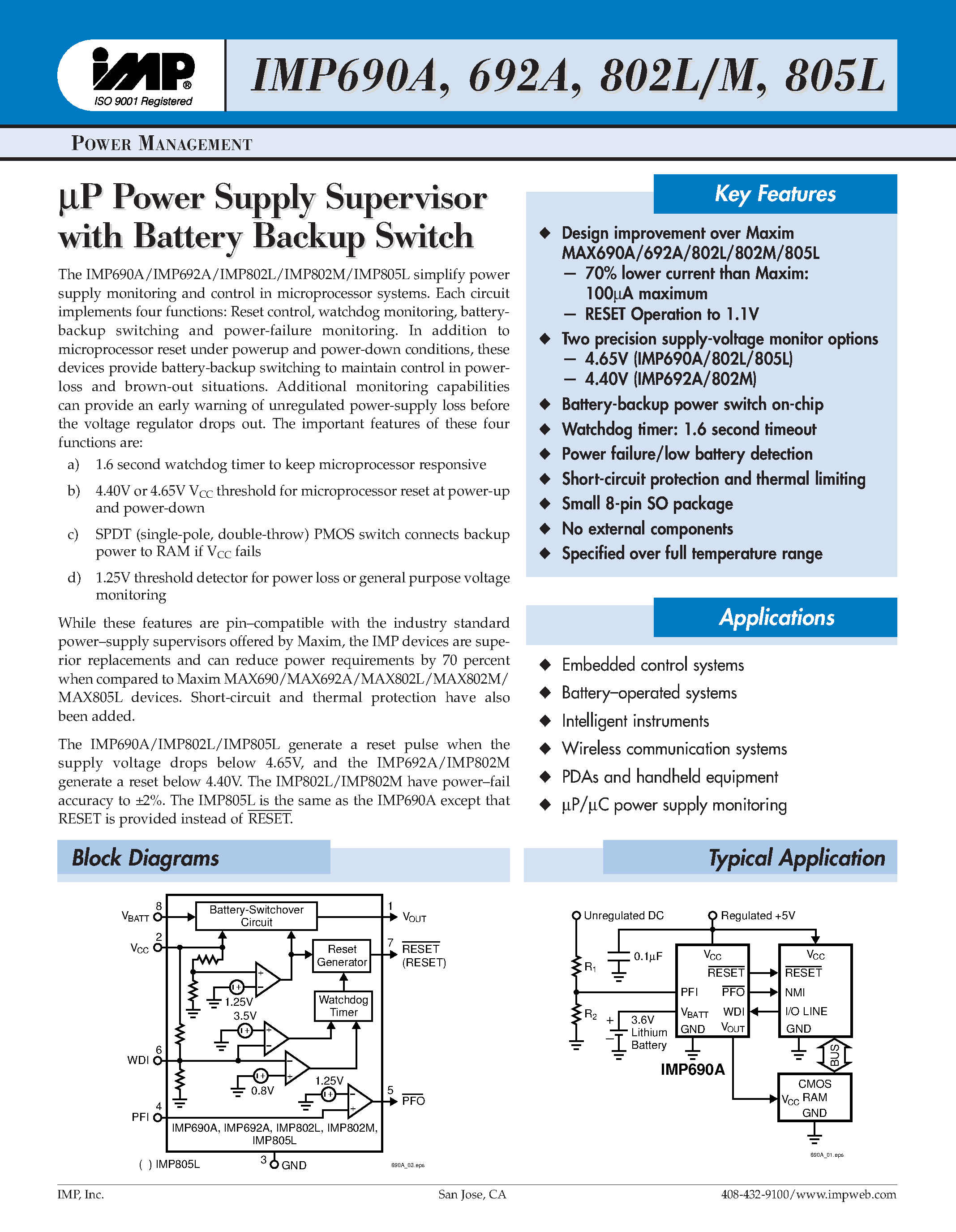 Даташит IMP690A - P POWER SUPPLY SUPERVISOR WITH BATTERY BACKUP SWITCH страница 1