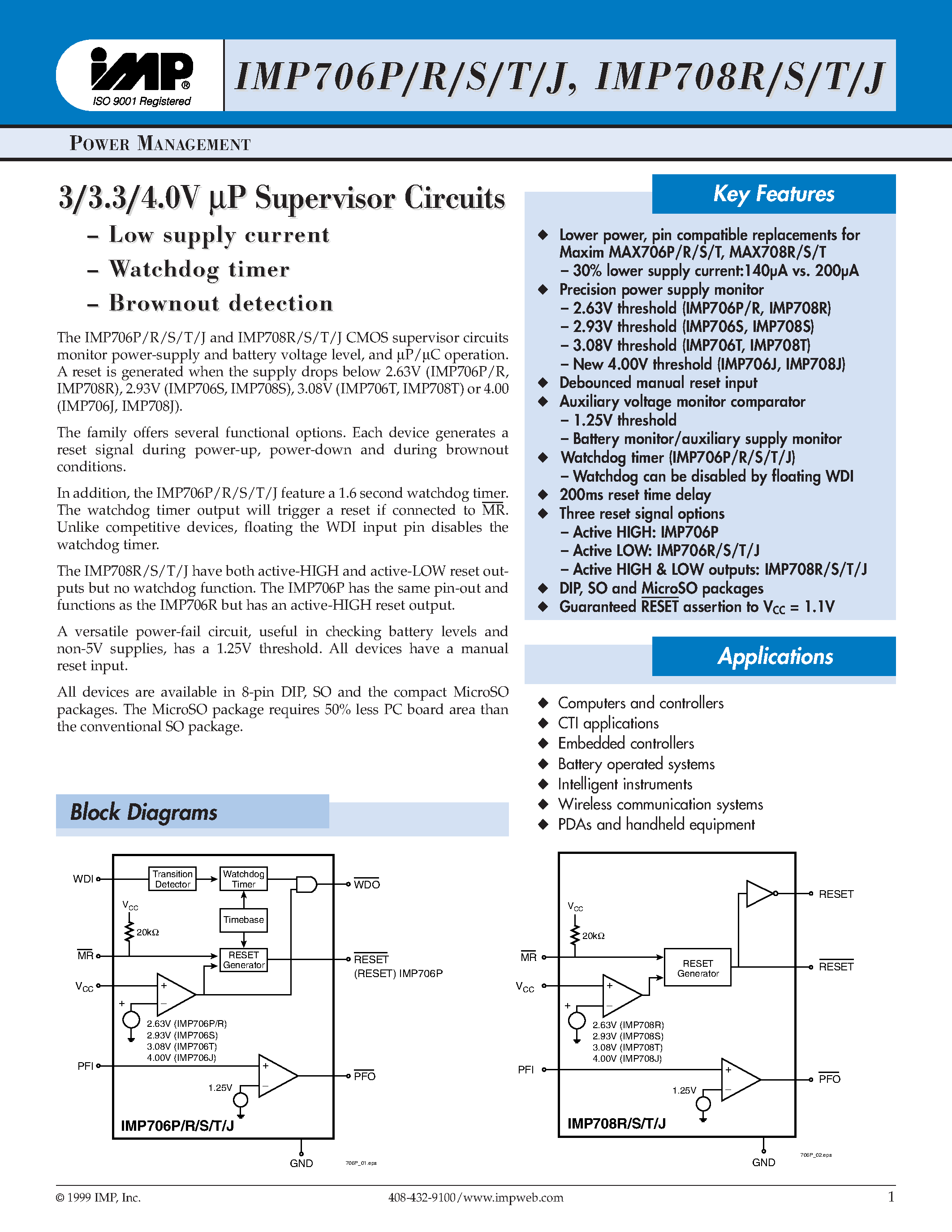 Даташит на микросхему IMP706TCUA страница 1 Даташит IMP706TCUA - 3/3.3/4.0V P SUPERVISOR CIRCUITS страница 1