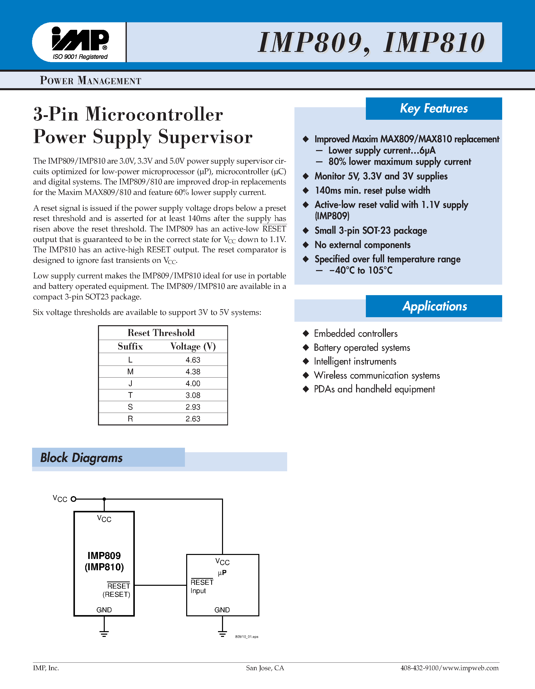 Datasheet IMP809 - 3-Pin Microcontroller Power Supply Supervisor page 1